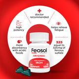 Feosol Original etiqueta frontal destaca 65 mg de hierro por tableta.