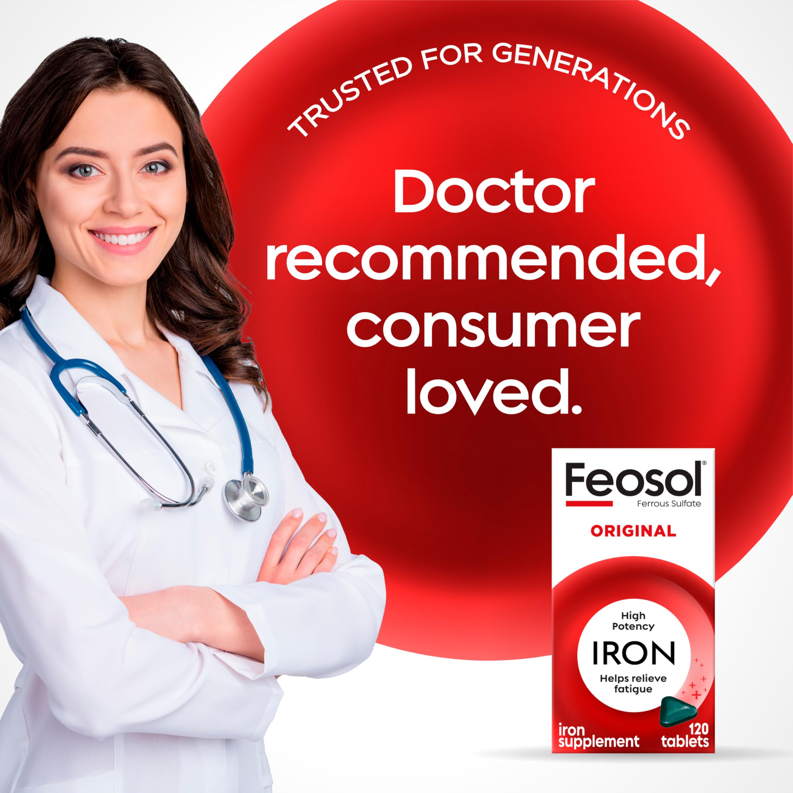 Feosol Original tabletas en mano muestran tamaño compacto y fácil de tragar.