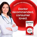 Feosol Original tabletas en mano muestran tamaño compacto y fácil de tragar.