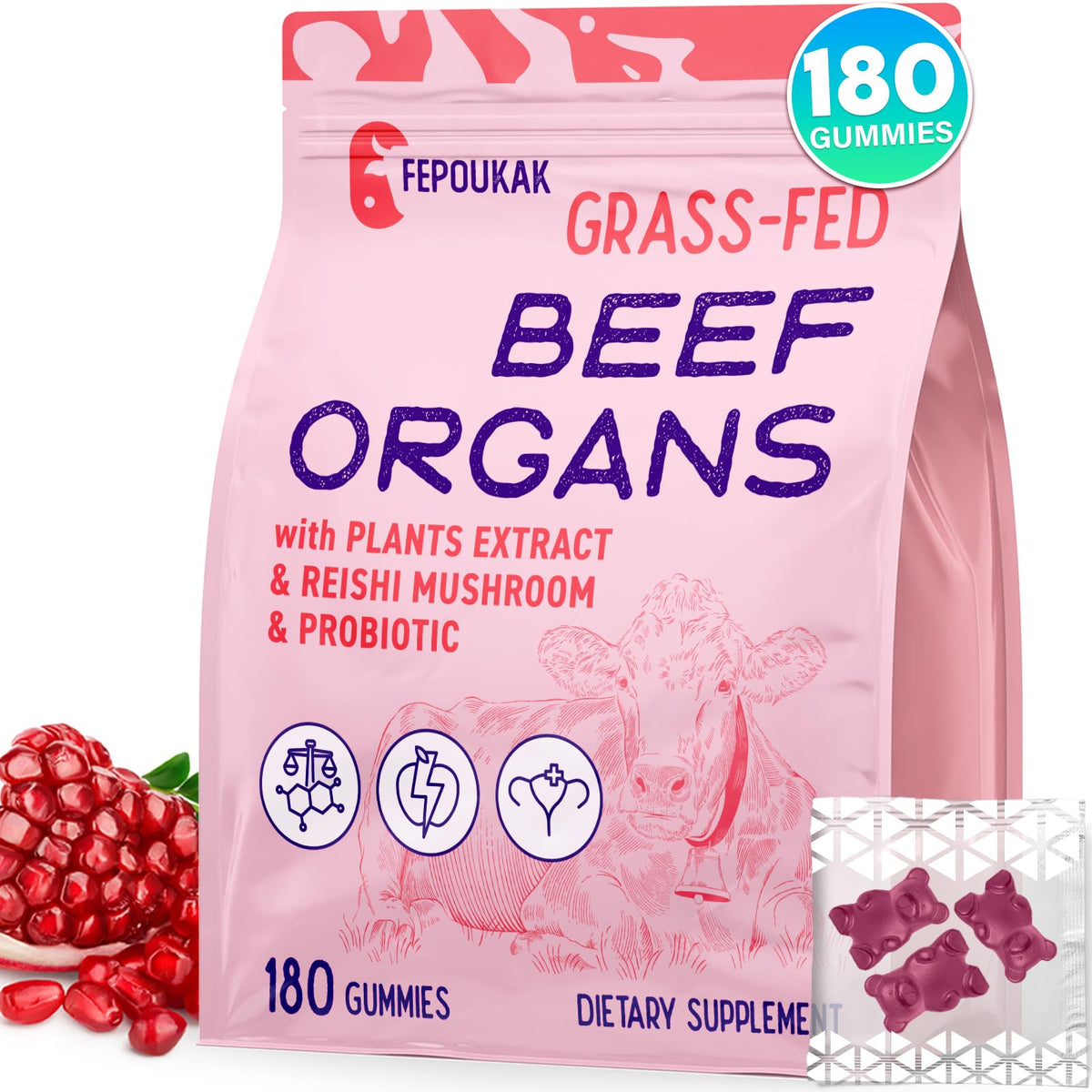 Frasco de gomitas Fepoukak con órganos de res para energía diaria.