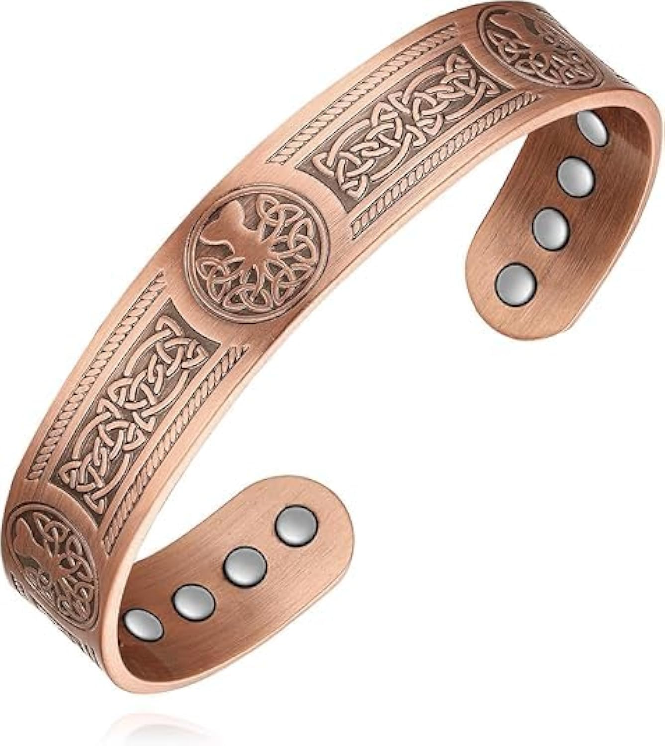 Feraco brazalete cobre árbol vida, diseño simbólico para uso diario.
