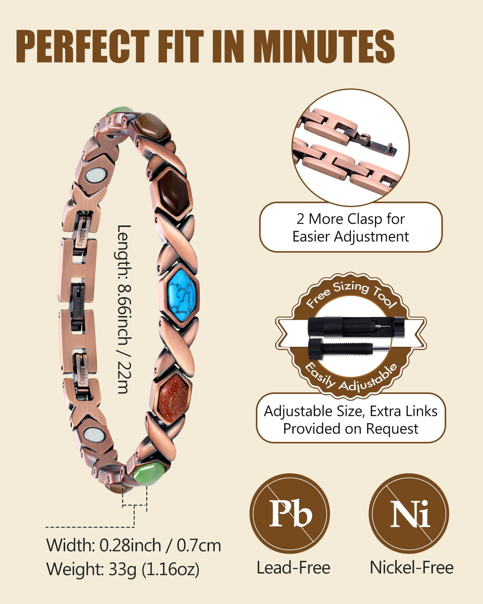 Brazalete magnético Feraco con turquesa hexagonal, símbolo de buena fortuna