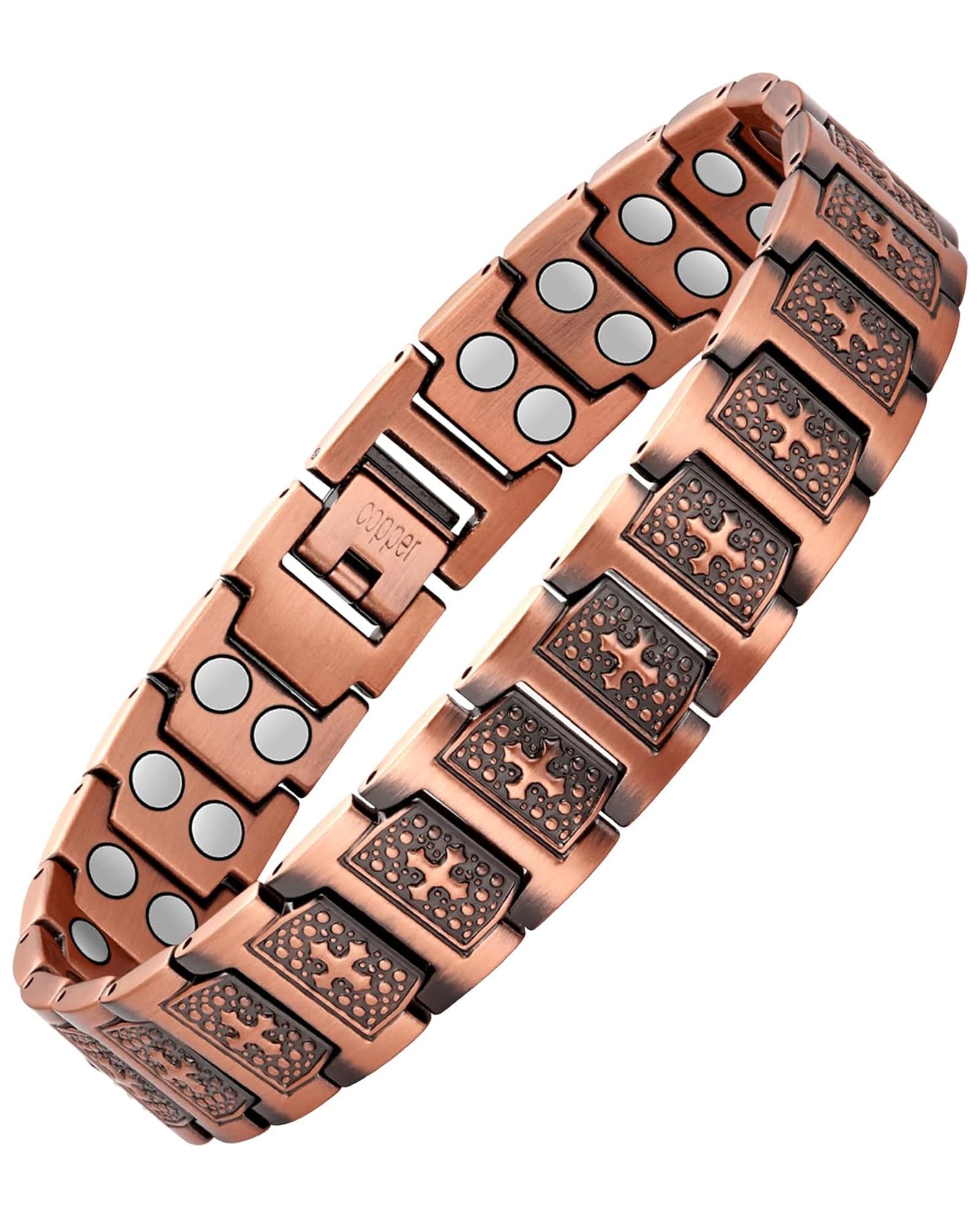 Feraco brazalete cobre cruz, frente, estilo diario y energía equilibrada.