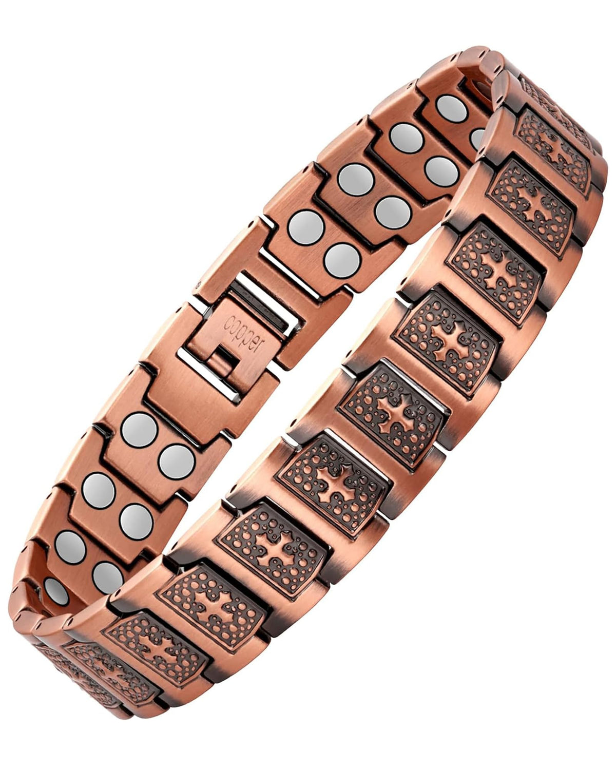 Feraco brazalete cobre cruz, frente, estilo diario y energía equilibrada.