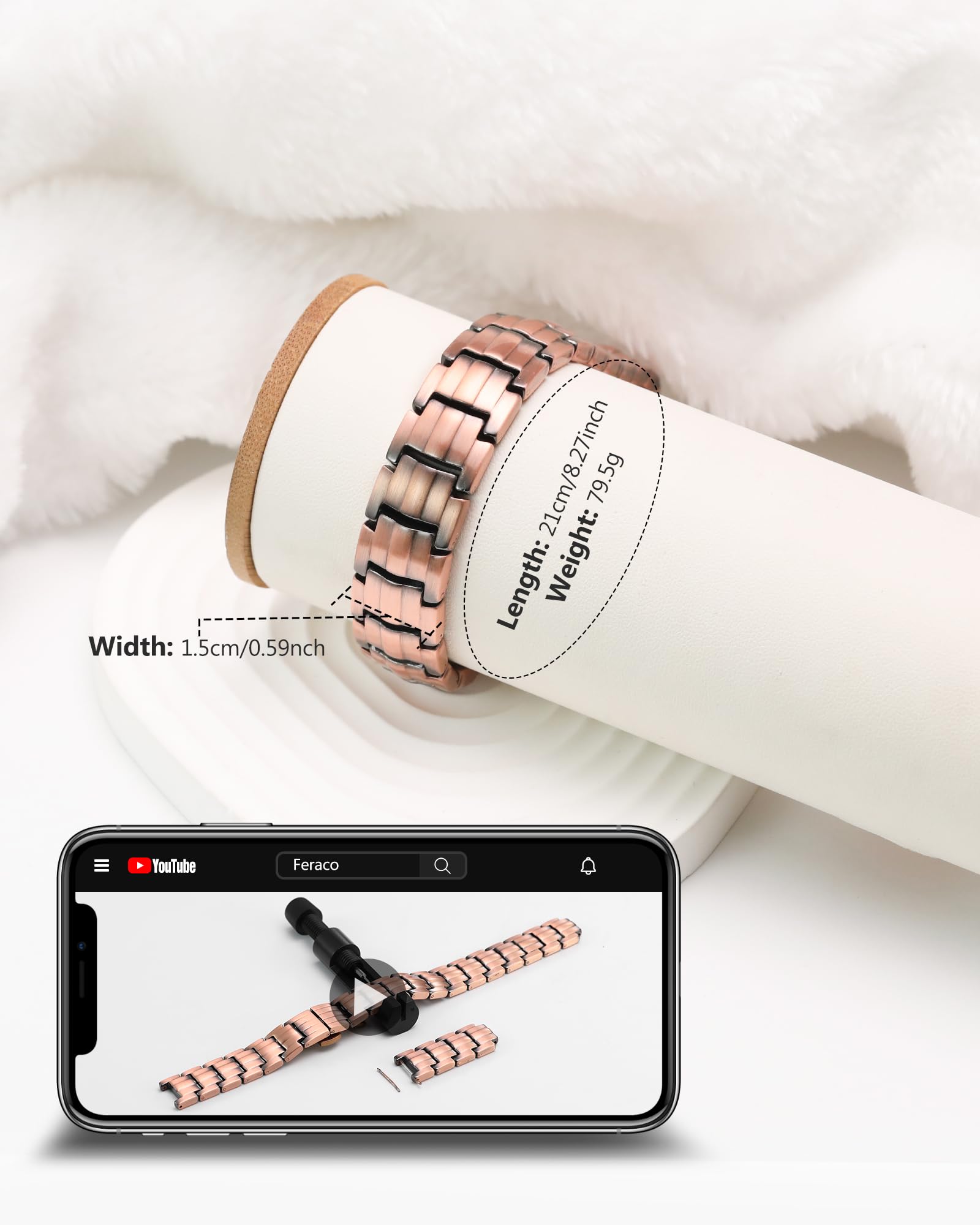 Feraco brazalete de cobre en empaque regalo, ideal para ocasiones especiales.