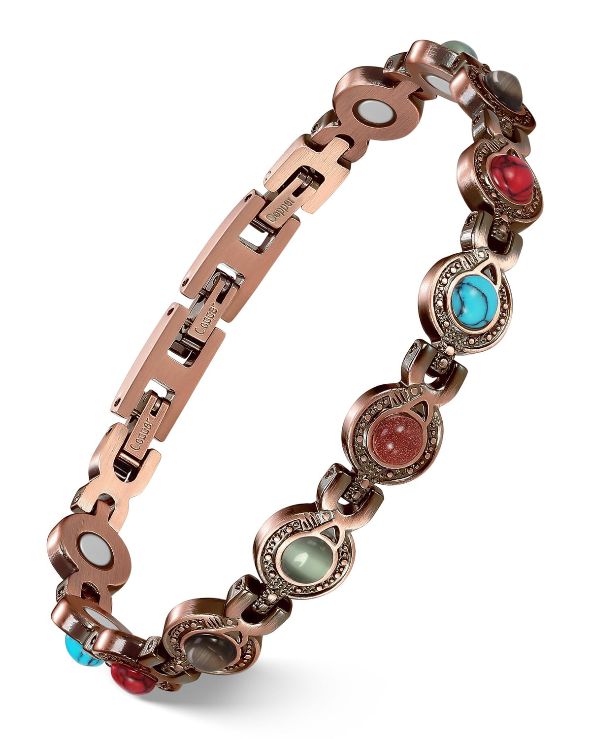 Pulsera Feraco de cobre con turquesa, diseño infinito para uso diario elegante.