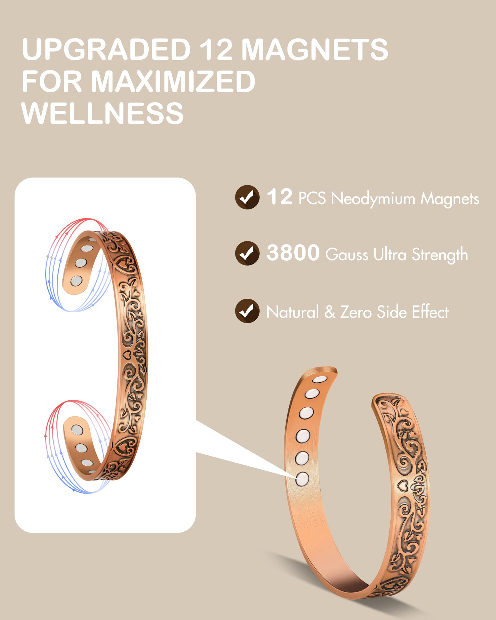 Feraco brazalete magnético de cobre, 3800 gauss, estilo elegante para uso diario.