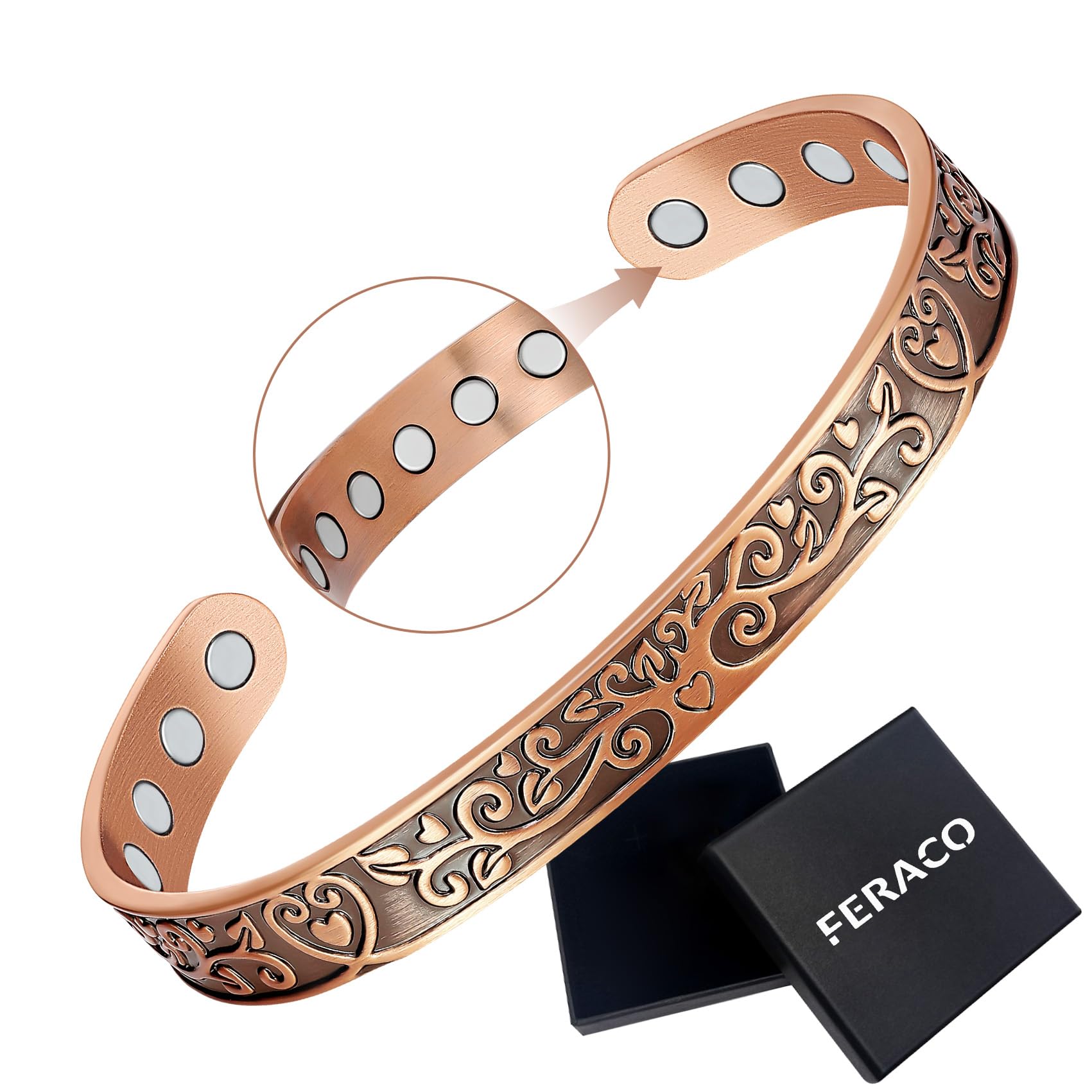 Feraco brazalete de cobre para mujer, diseño original con ramas y corazones.