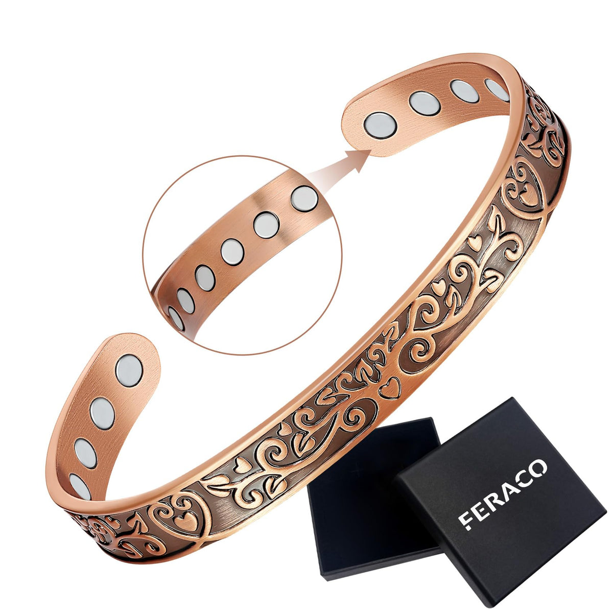 Feraco brazalete de cobre para mujer, diseño original con ramas y corazones.