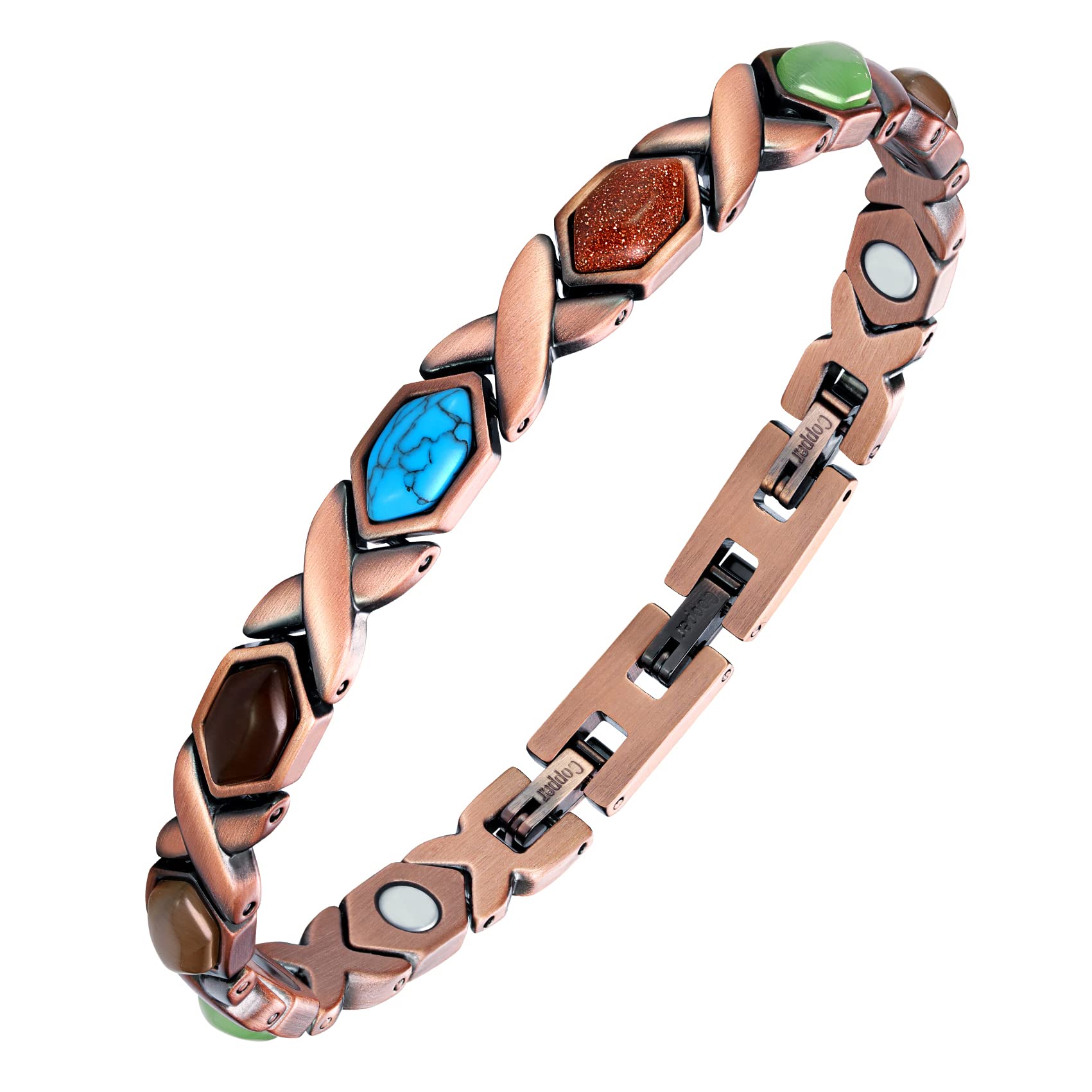 Brazalete Feraco de cobre con infinito y turquesa, estilo elegante