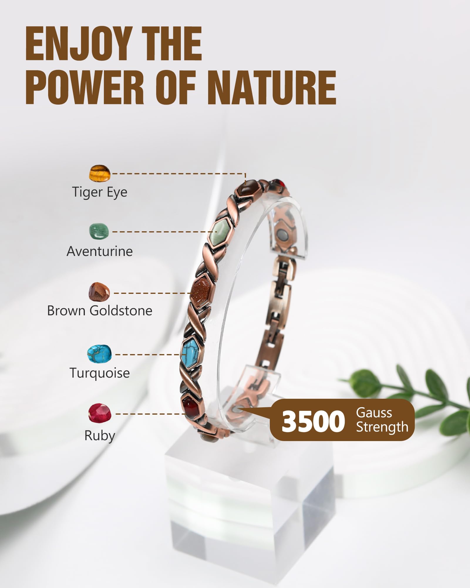 Feraco brazalete cobre con piedras naturales turquesa para uso diario