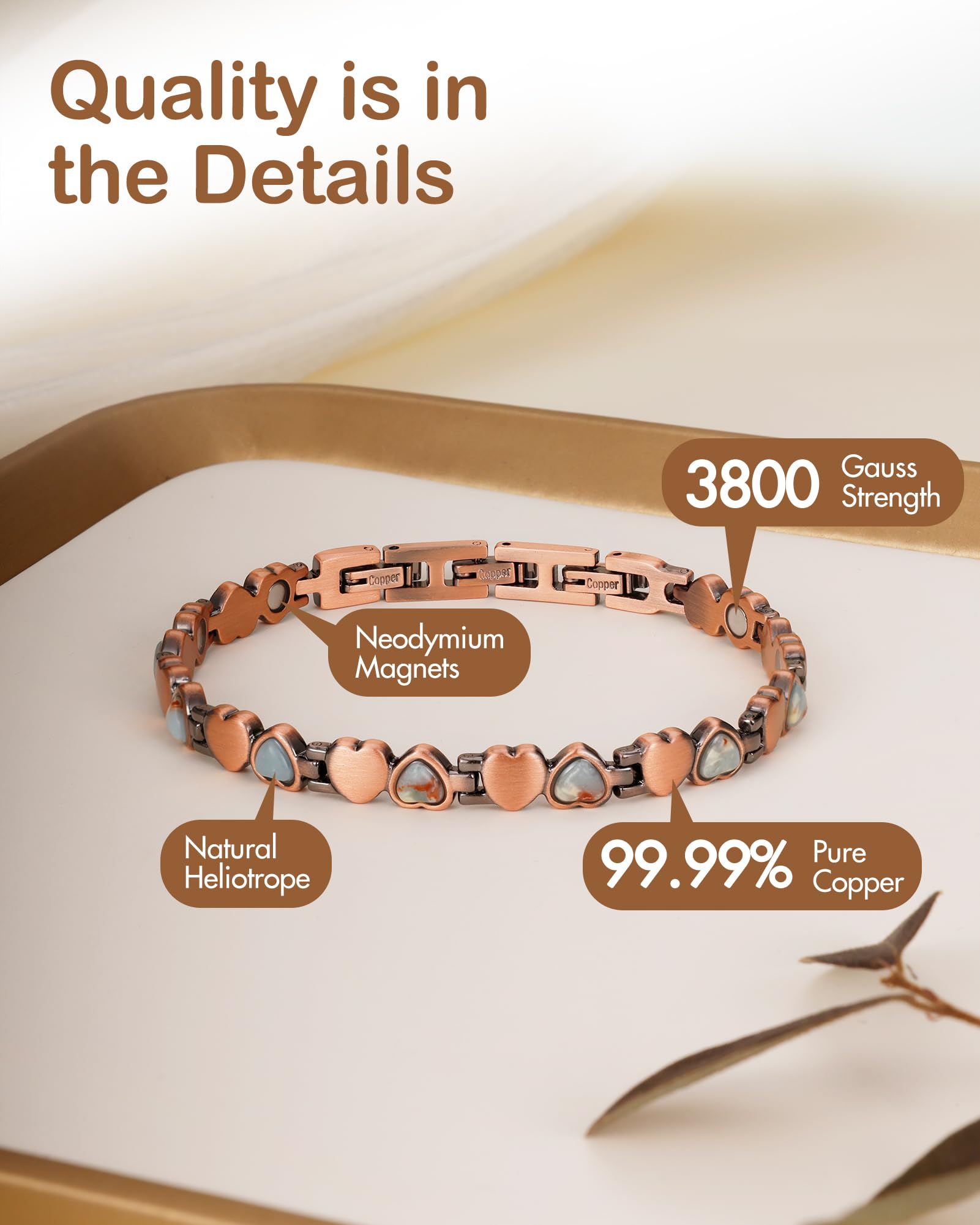 Feraco brazalete magnetico de cobre con diseno de corazon bohemia, simbolo de amor y bienestar.