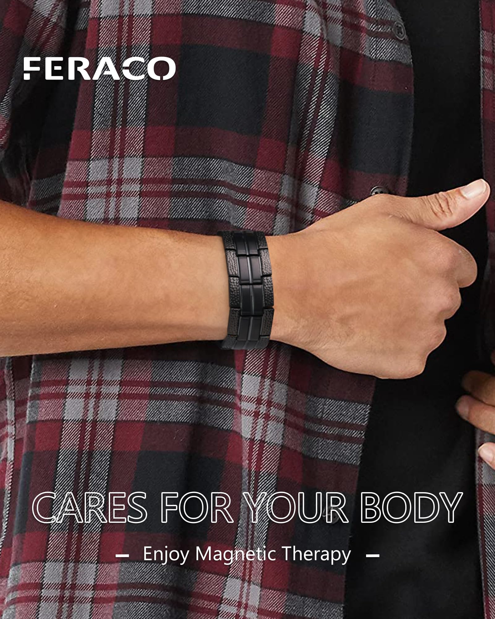 Feraco brazalete magnético presentado en empaque elegante como regalo.
