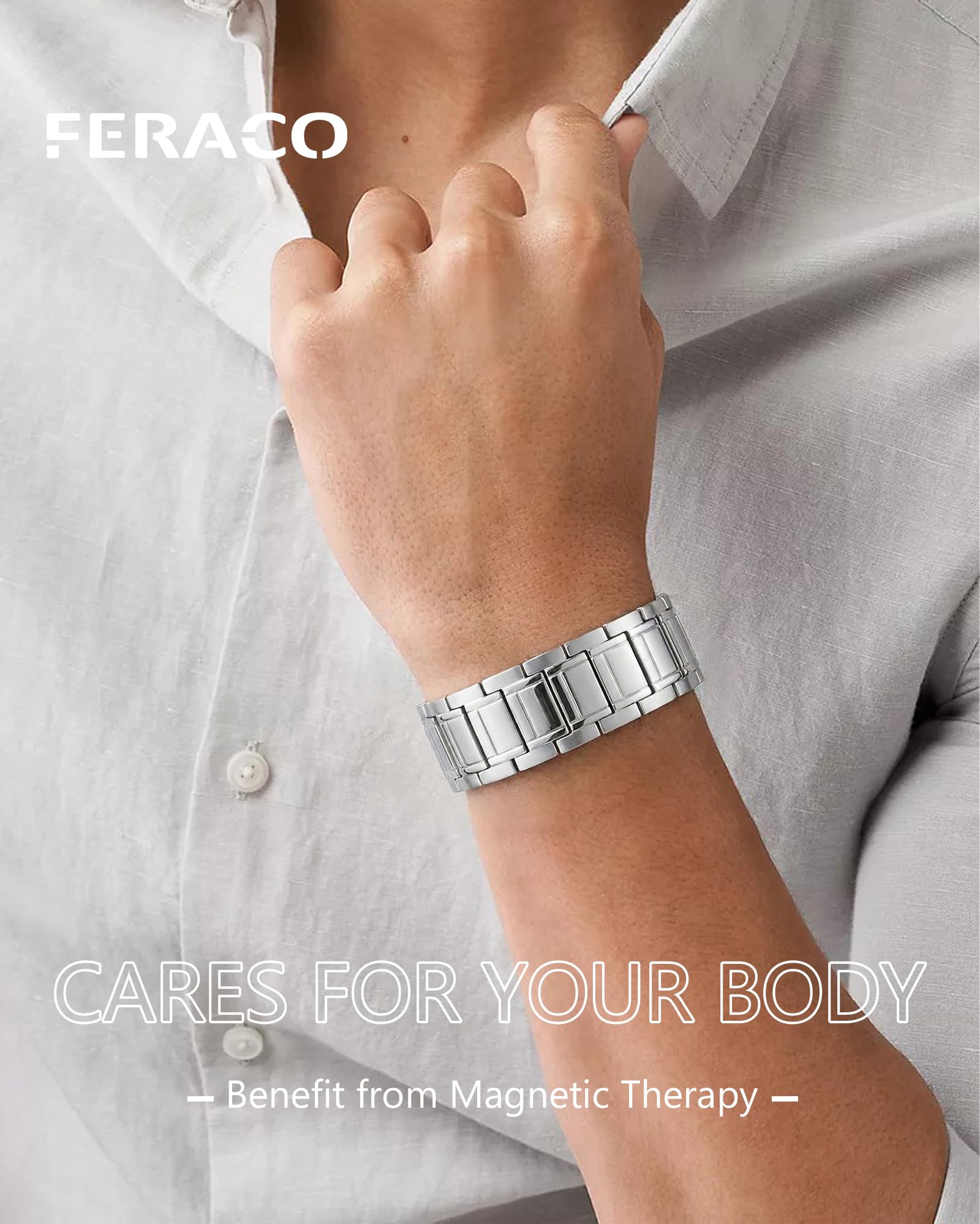 Imanes Feraco de 3500 gauss integrados en la pulsera para presencia visual destacada.
