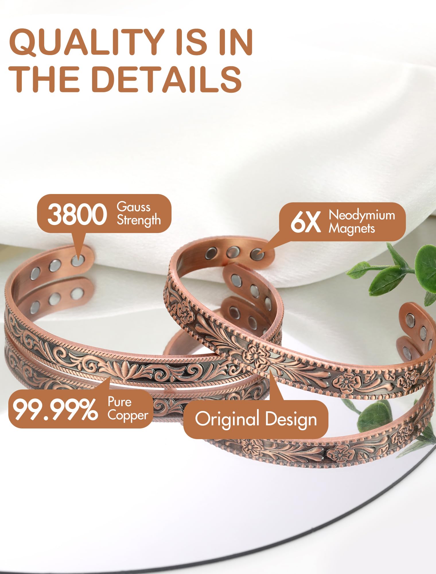 Detalle de imanes de neodimio de 3800 gauss en la pulsera Feraco.