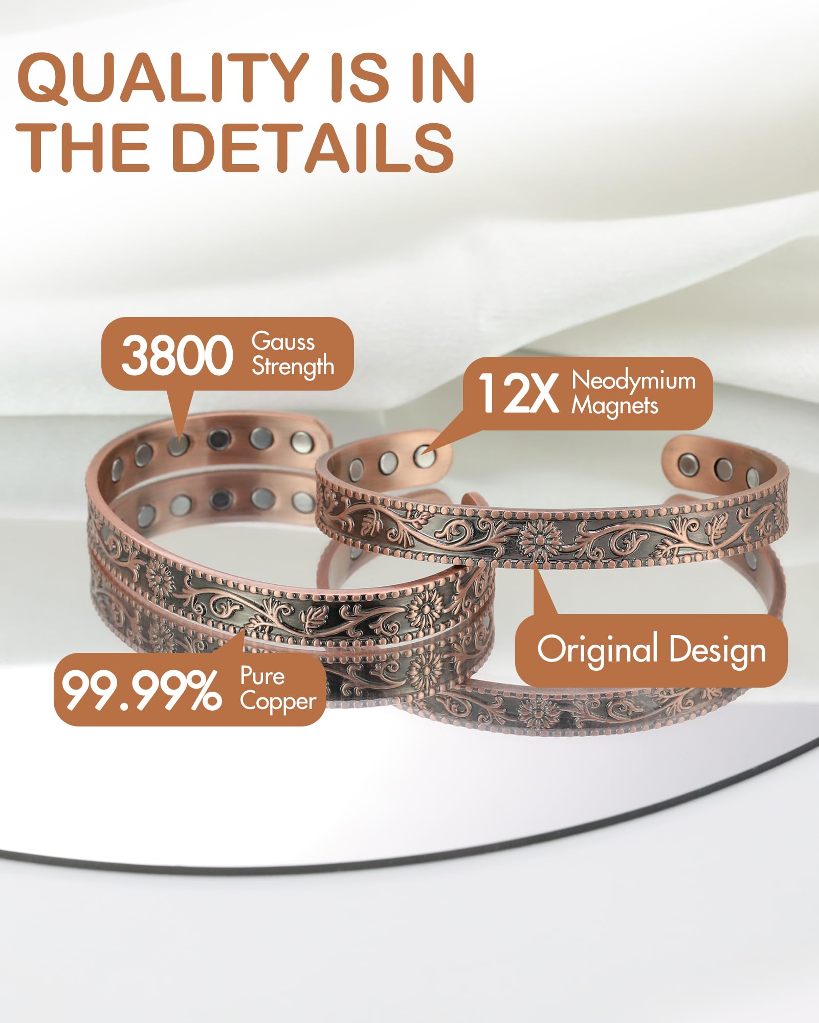 Feraco cobre 99.99% en pulsera, hipoalergénica y sin plomo ni níquel.