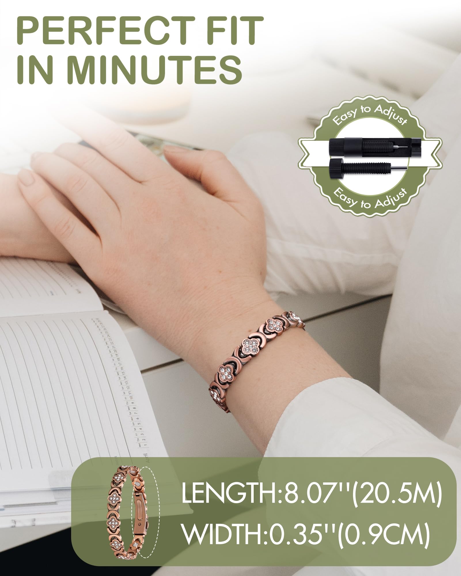 Pulsera Feraco de cobre 99,99% con acabado suave para piel sensible.