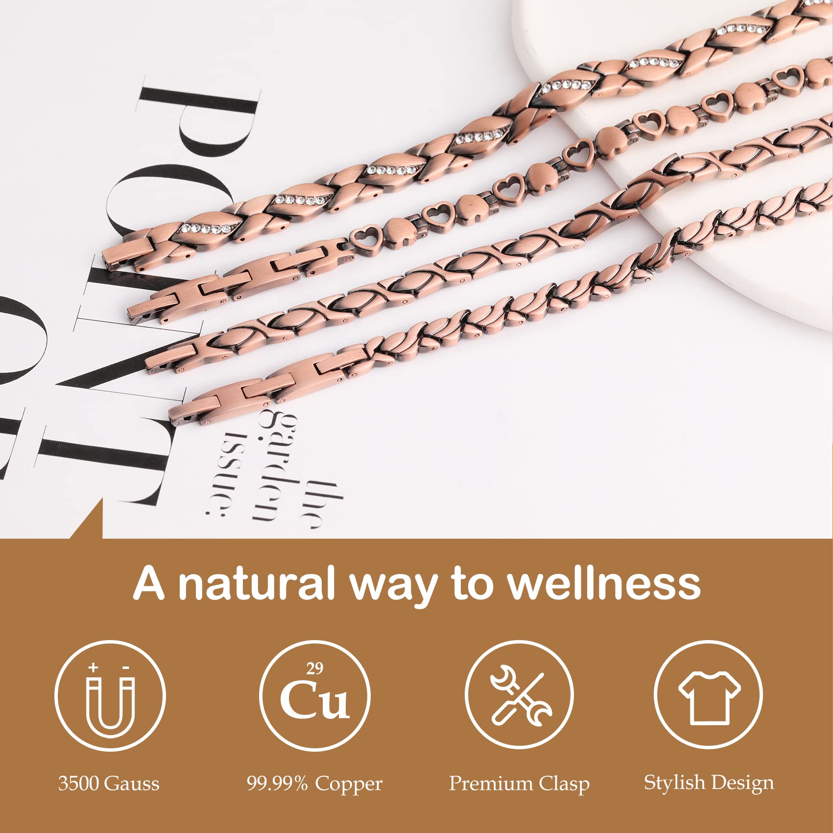 Feraco pulsera cobre 99,99% puro con imanes de alta intensidad