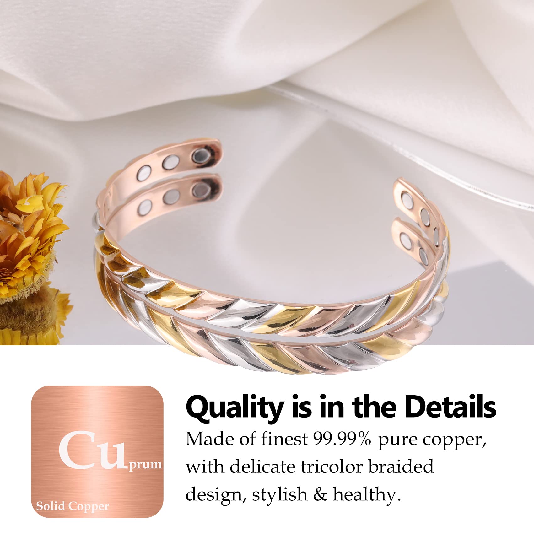 Textura de cobre 99.99% en pulsera Feraco, material hipoalergénico.