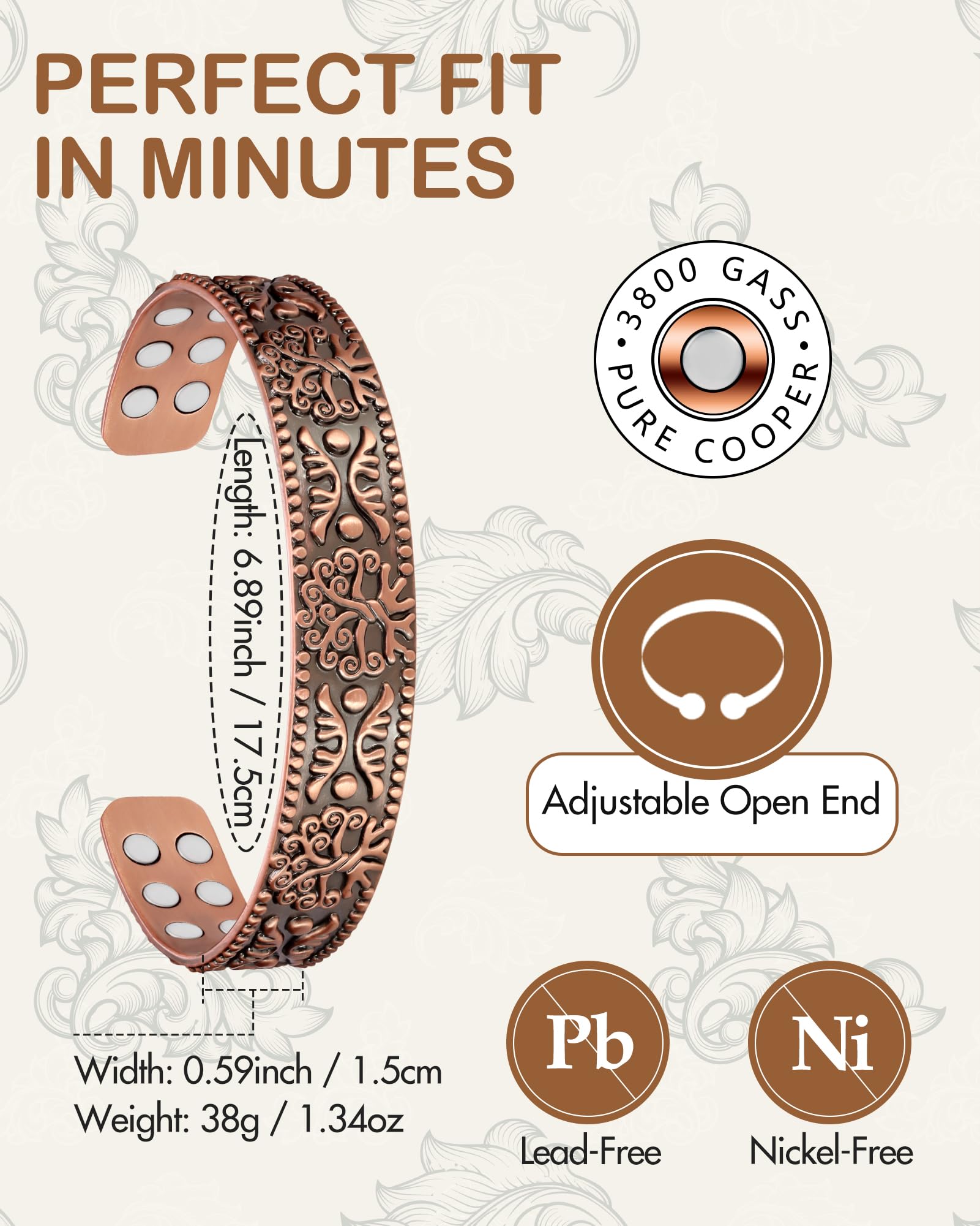 Feraco pulsera cobre con cierre ajustable, cómodo y práctico