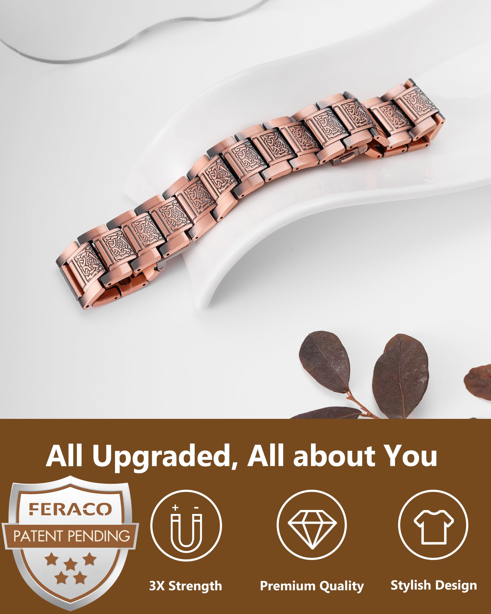 Pulsera Feraco cobre con herramienta de ajuste, muestra tamaño personalizable.