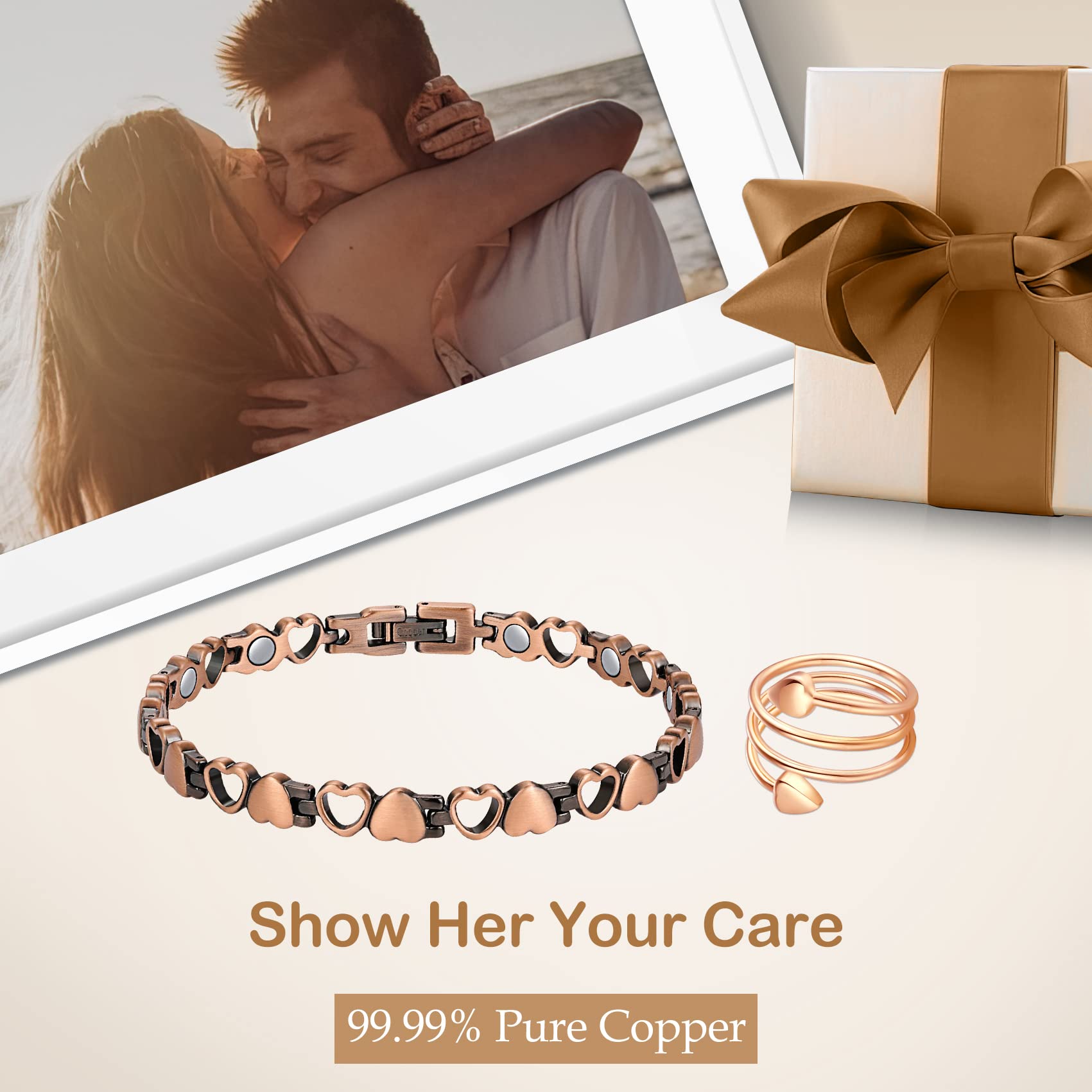 Feraco pulsera cobre, diseño corazón elegante con anillo a juego.