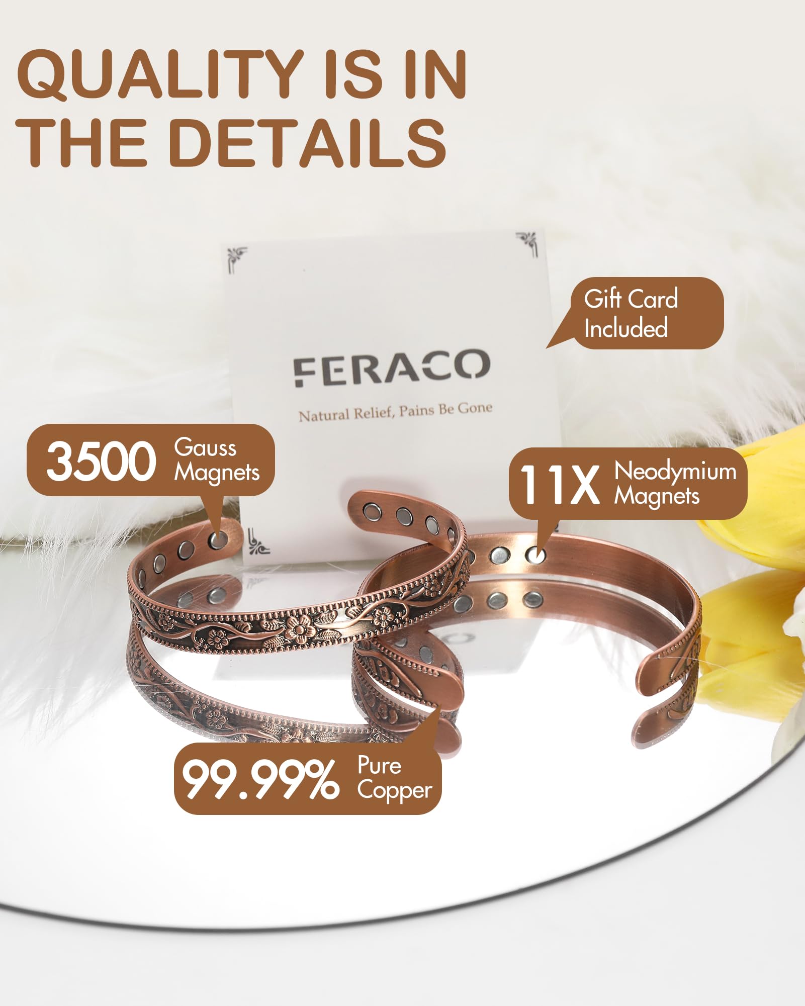 Pulsera Feraco cobre, diseño flor plumosa, toque único.