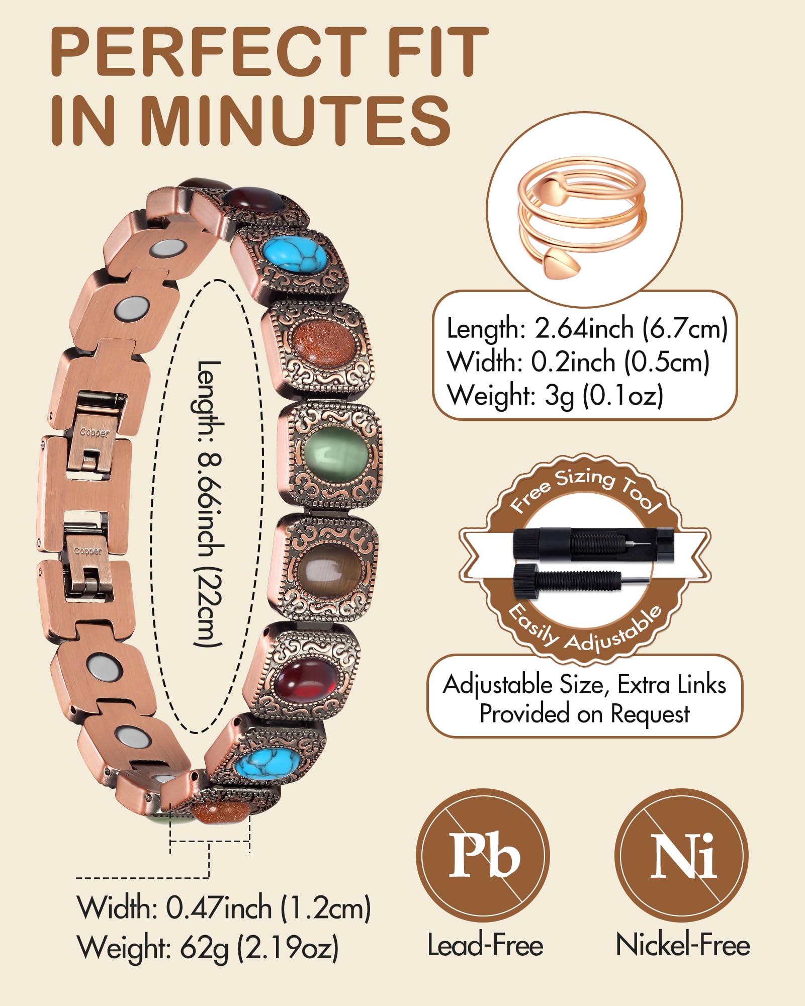 Feraco pulsera hipoalergénica de cobre, sin níquel ni plomo