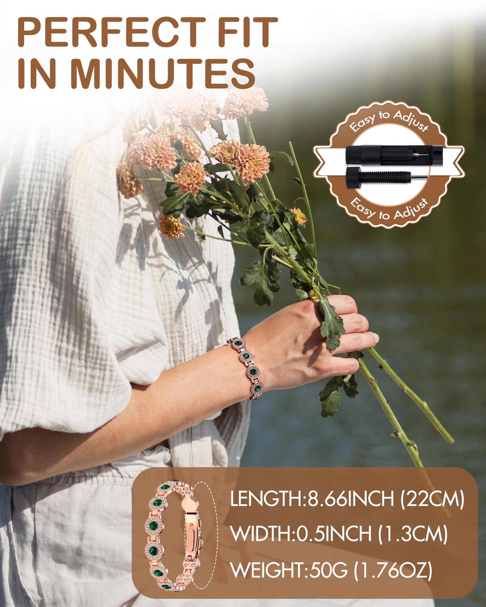 Feraco pulsera de cobre hipoalergénica, segura para piel sensible.