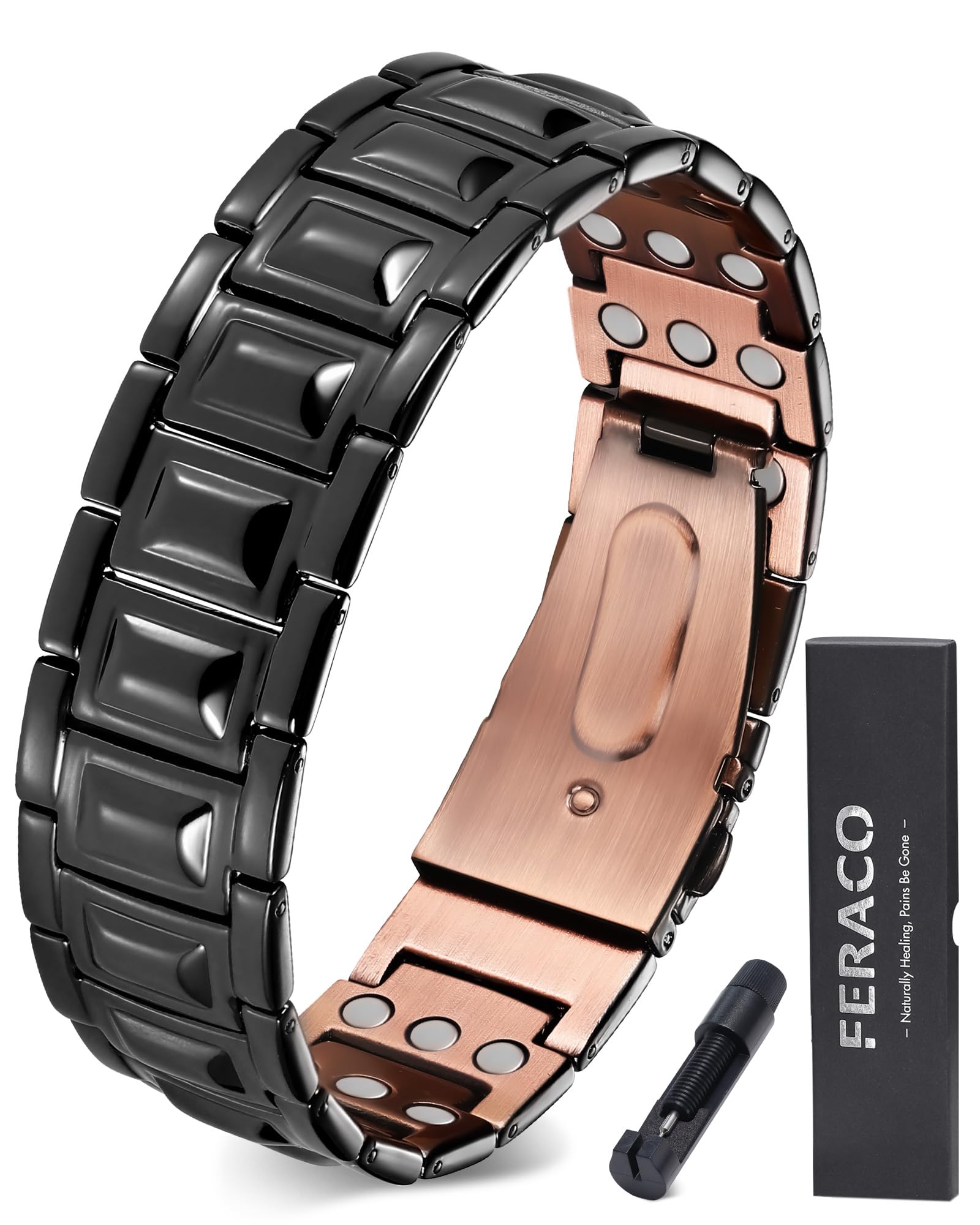 Pulsera Feraco de cobre para hombre con diseño 3x fuerza, acabado negro.