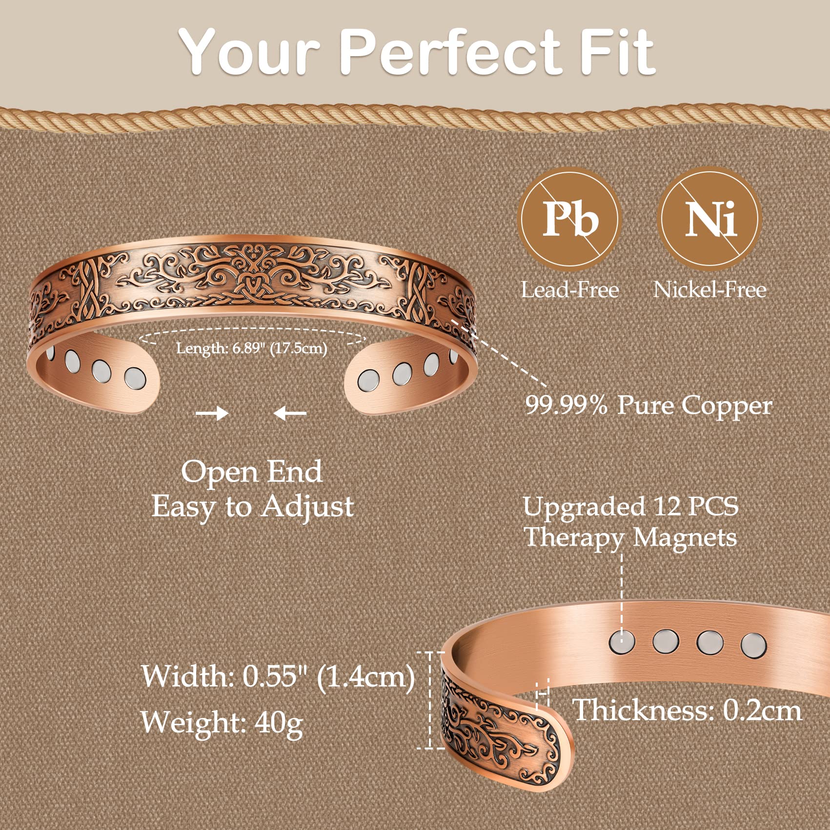 Medidas de la pulsera Feraco: 17,5 cm de largo.