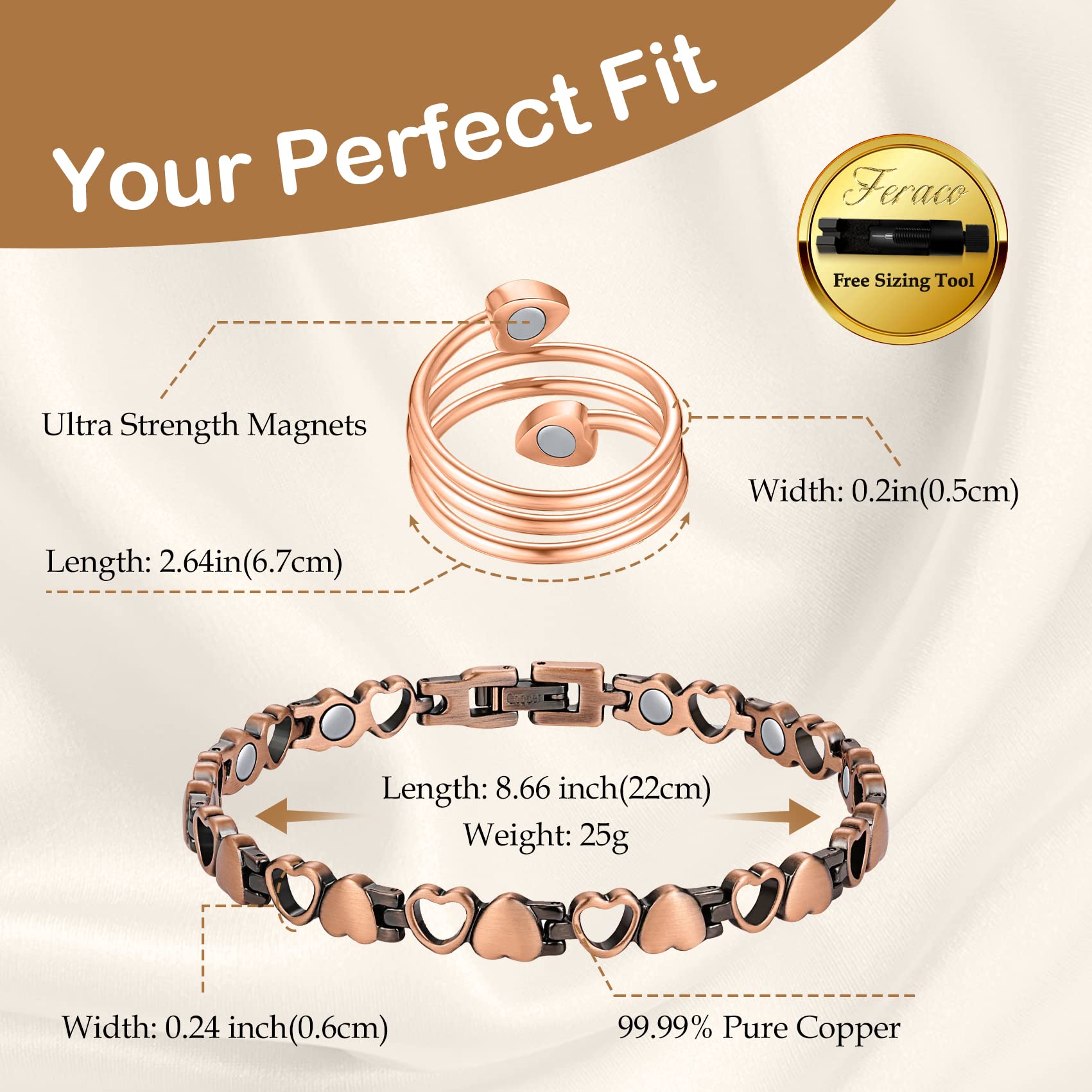 Feraco pulsera cobre imanes interiores, contacto cercano para uso diario.