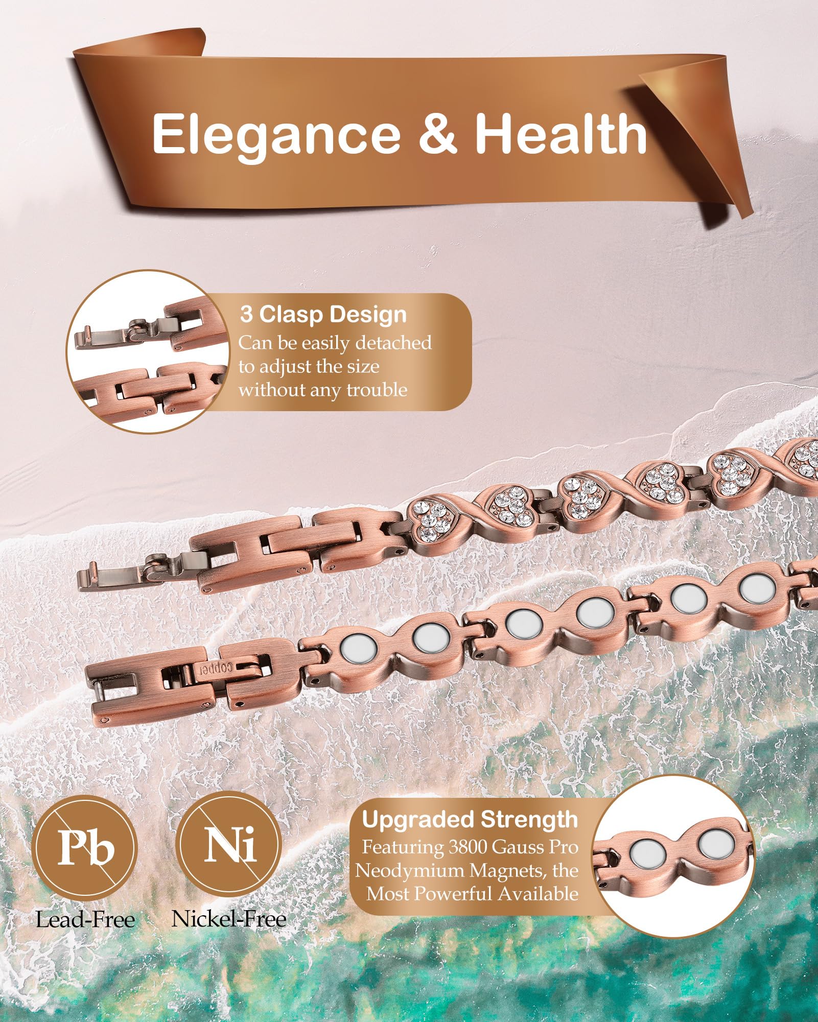 Pulsera Feraco cobre con imanes de neodimio, diseño moderno.
