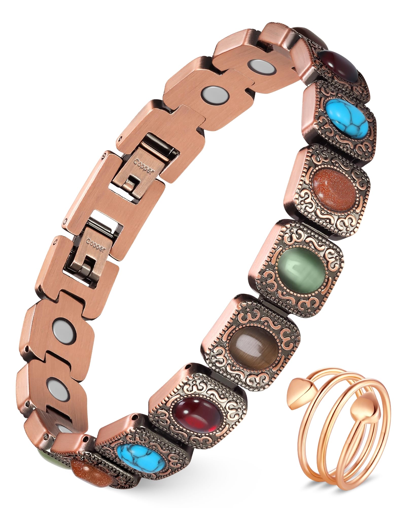 Feraco pulsera de cobre con infinito y turquesa, estilo bohemio para uso diario