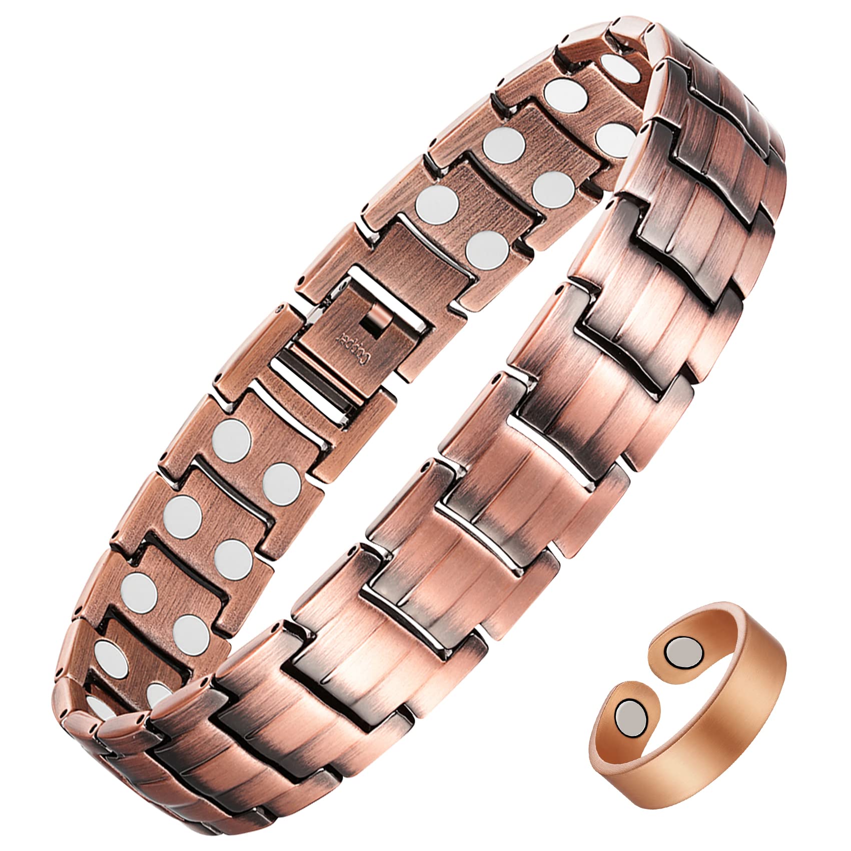 Feraco pulsera cobre magnética, doble fila, estilo discreto para uso diario.