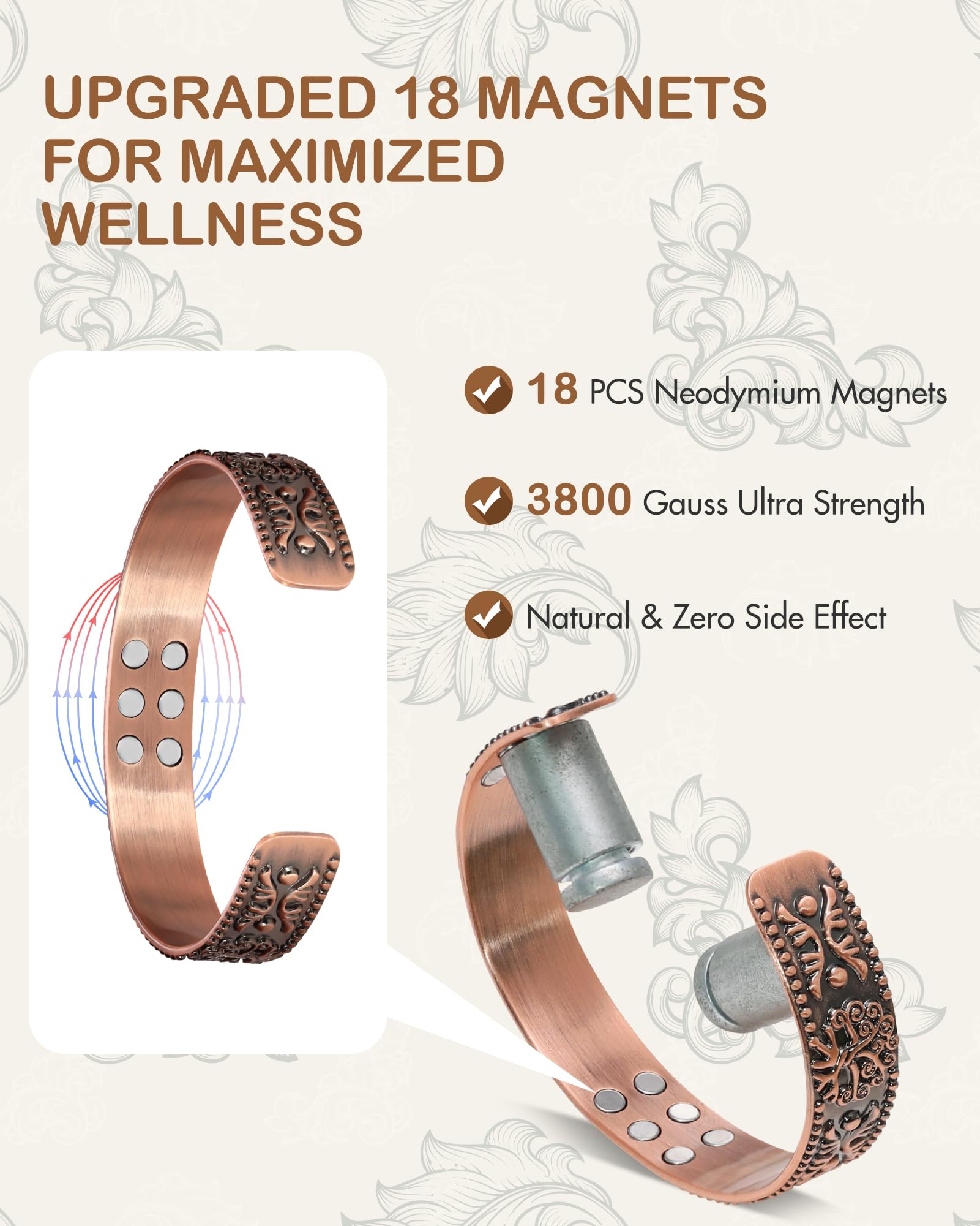 Feraco pulsera cobre magnetos, cierre abierto, ajuste rápido