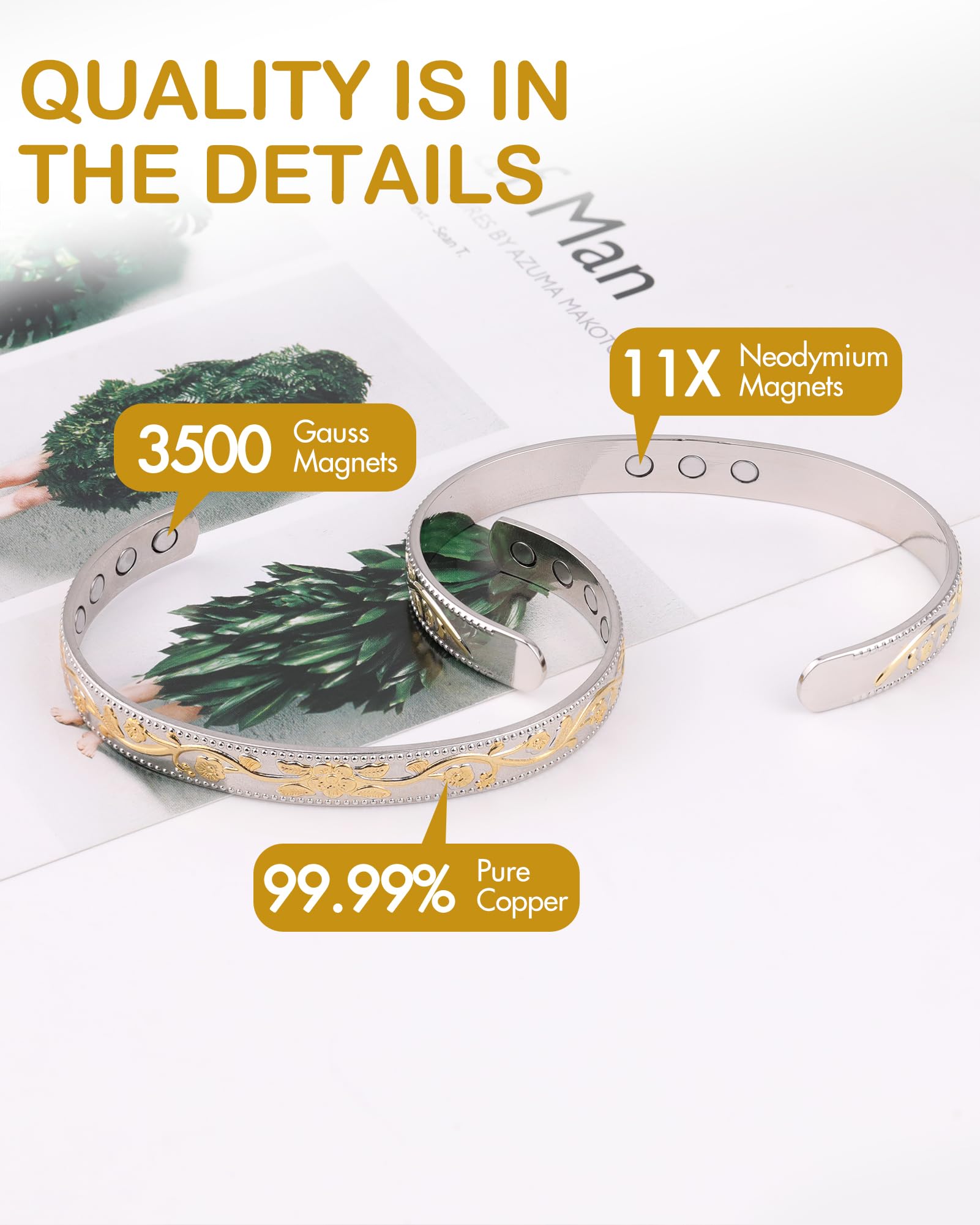 Feraco pulsera cobre con imanes de neodimio 3500 gauss, vista cercana.