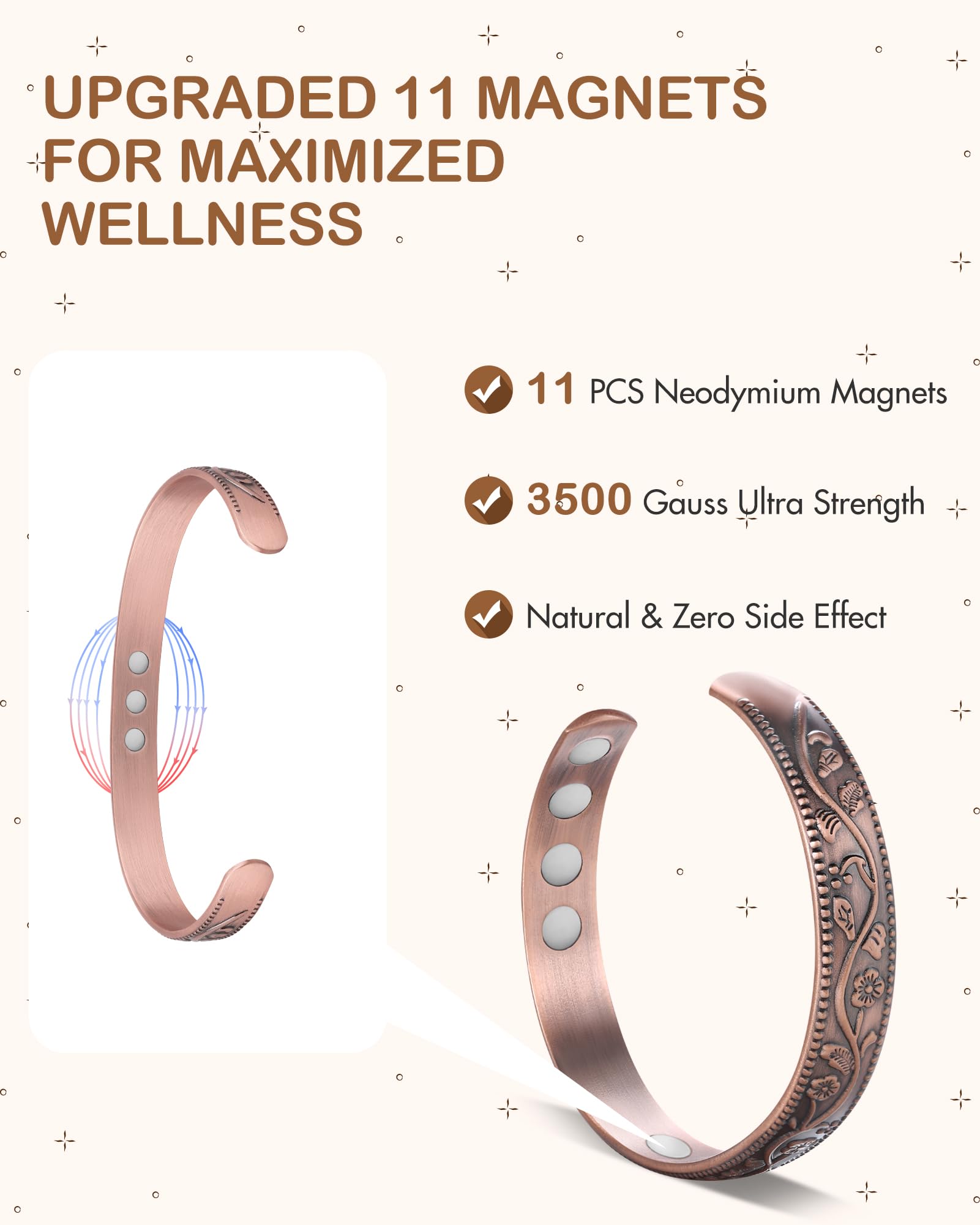Feraco pulsera cobre, medidas 17,2 cm por 1 cm.