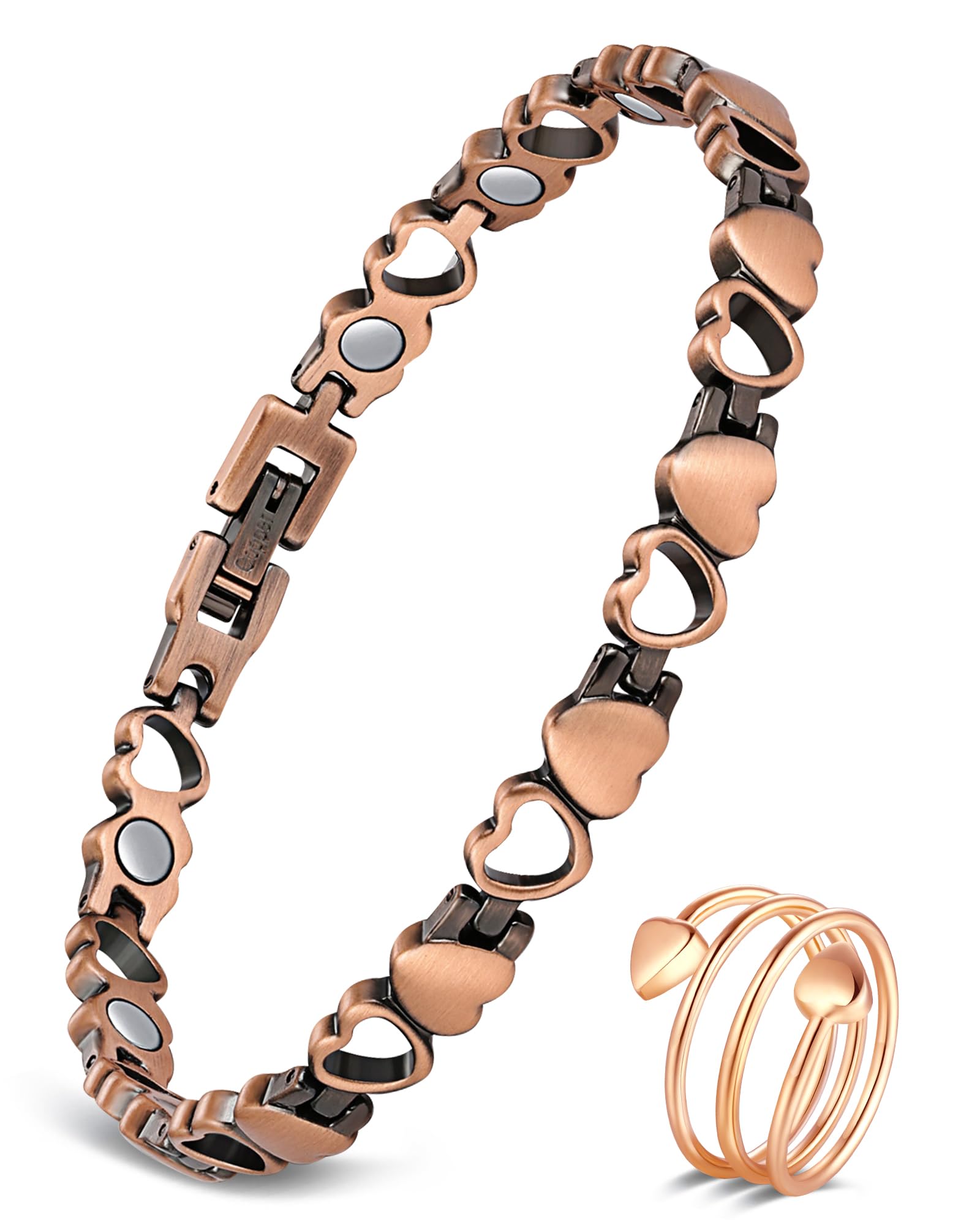 Feraco pulsera cobre mujer, corazón y anillo, accesorio versátil para uso diario.