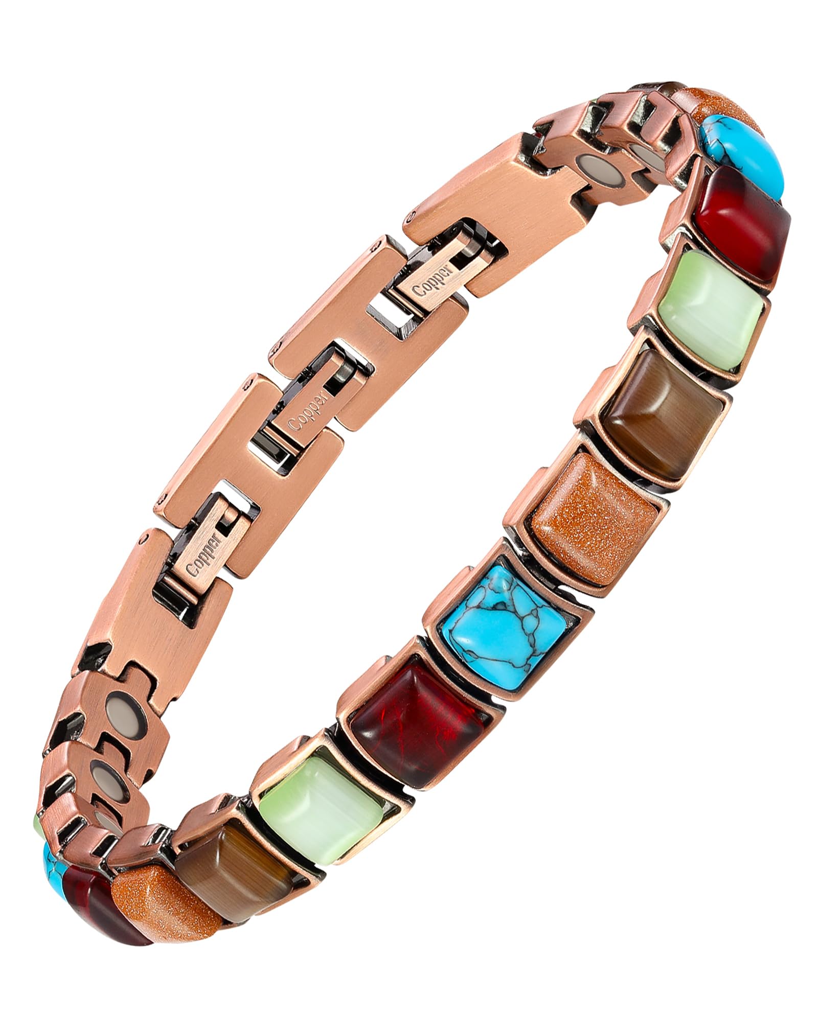 Pulsera Feraco de cobre para mujer con motivo infinito y turquesa, ideal para uso diario.