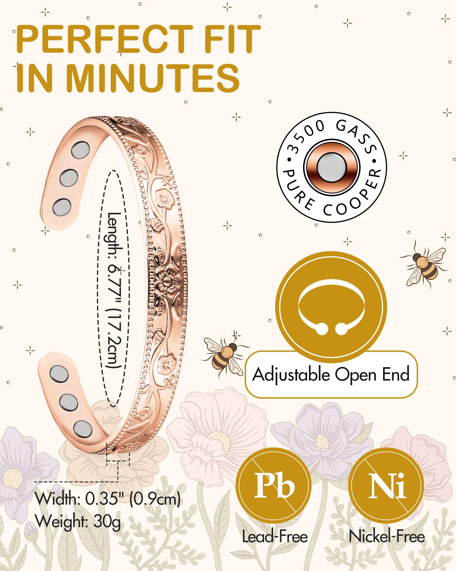 Pulsera Feraco de cobre ajustable con apertura para muñecas de diferentes tamaños.