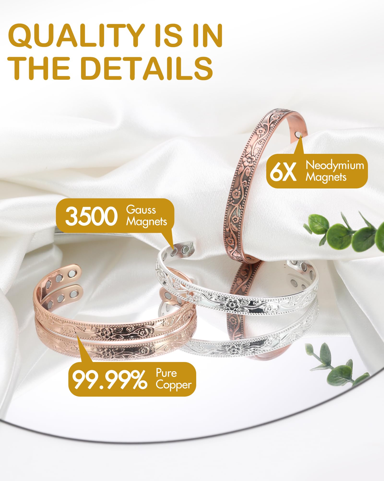 Pulsera Feraco de cobre rosado con imanes de neodimio para estilo moderno.