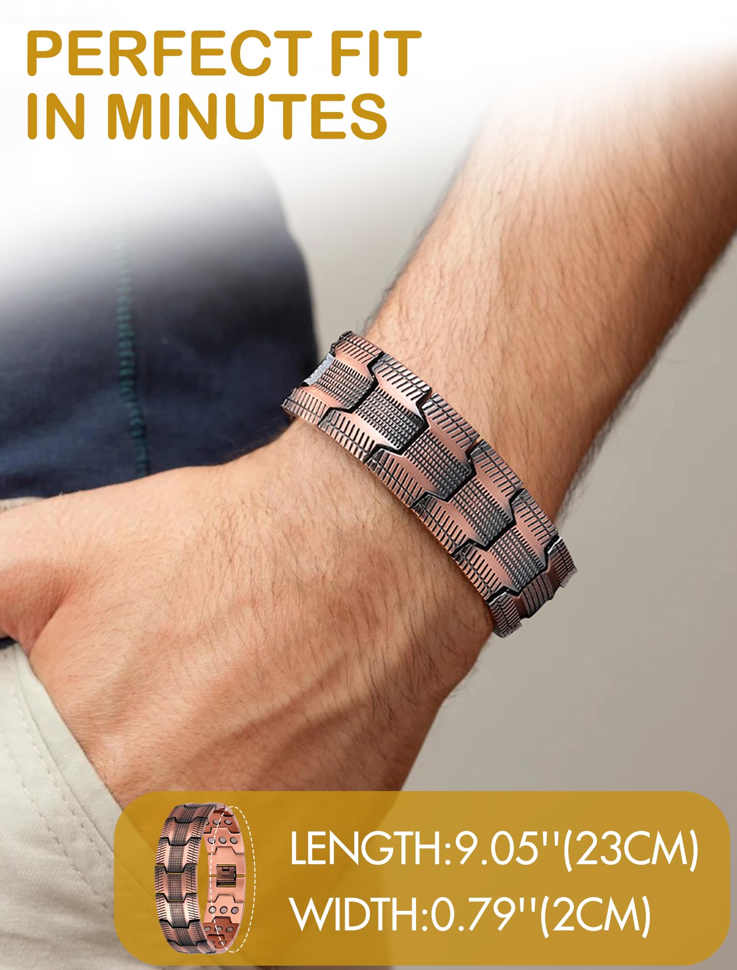 Feraco pulsera cobre peso 105 g para sensación sólida.