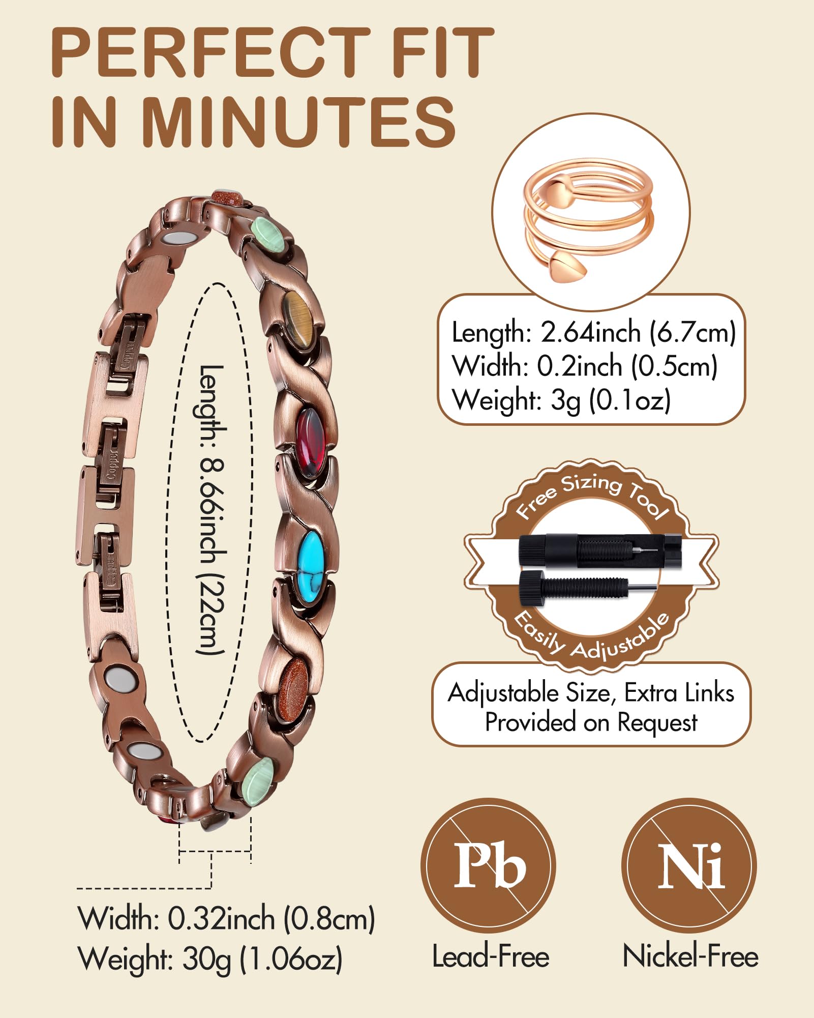 Feraco pulsera cobre regalo elegante, lista para entregar en caja.
