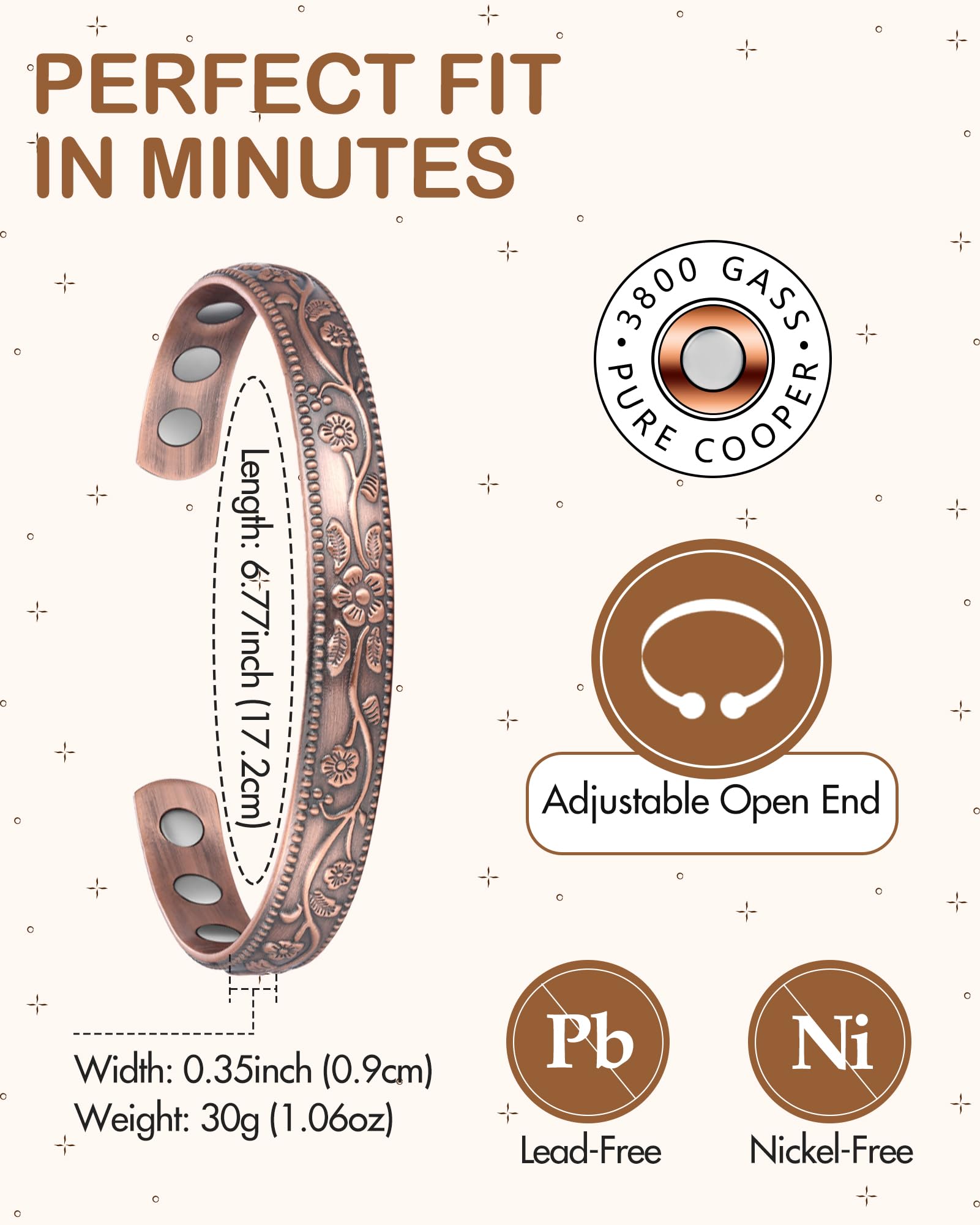 Feraco pulsera cobre, compatible con reloj para looks coordinados.