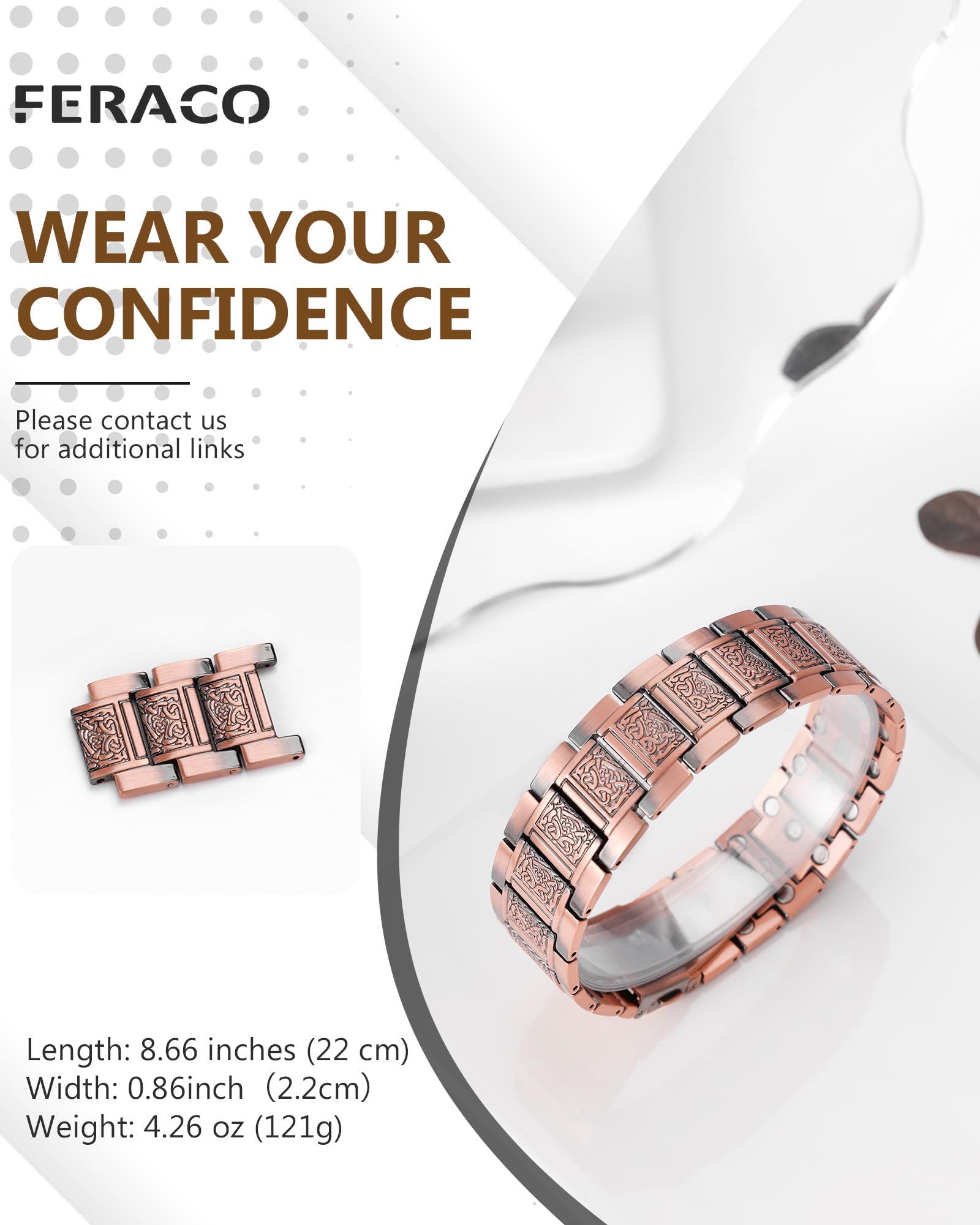 Pulsera Feraco cobre puesta en la muñeca, uso diario cómodo.