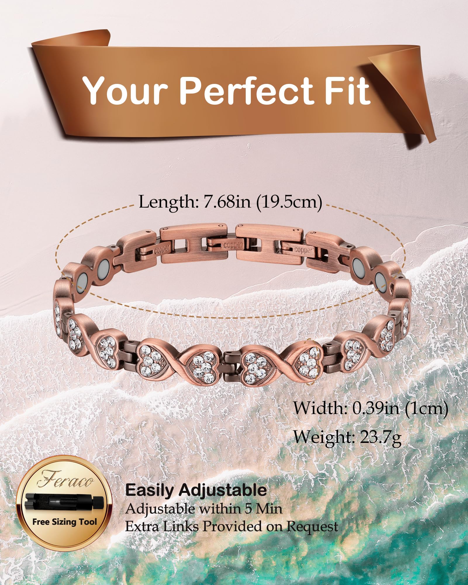 Pulsera Feraco cobre para uso diario, ligera y resistente.