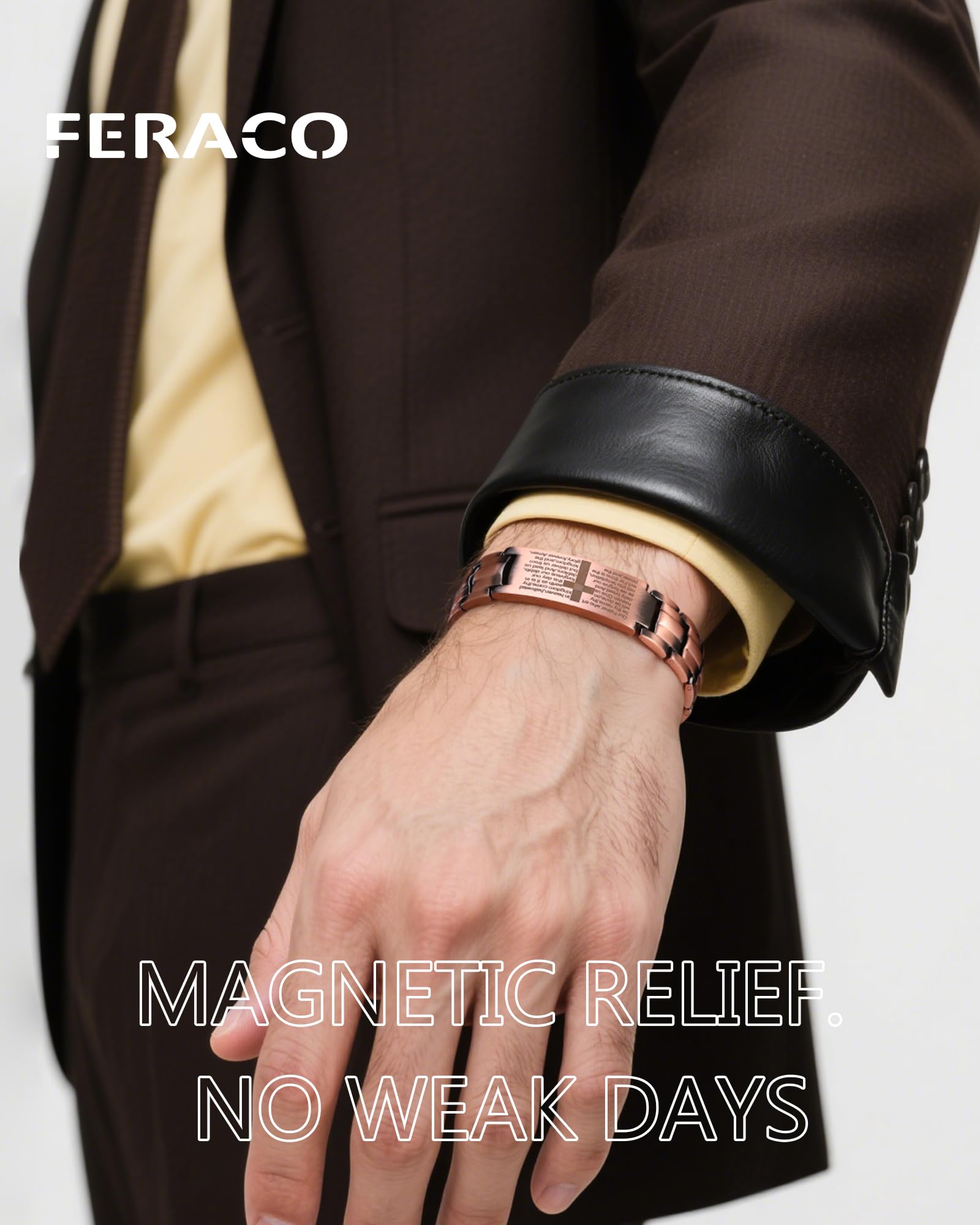 Pulsera Feraco con imanes de 3800 gauss, enfoque en soporte magnético diario.