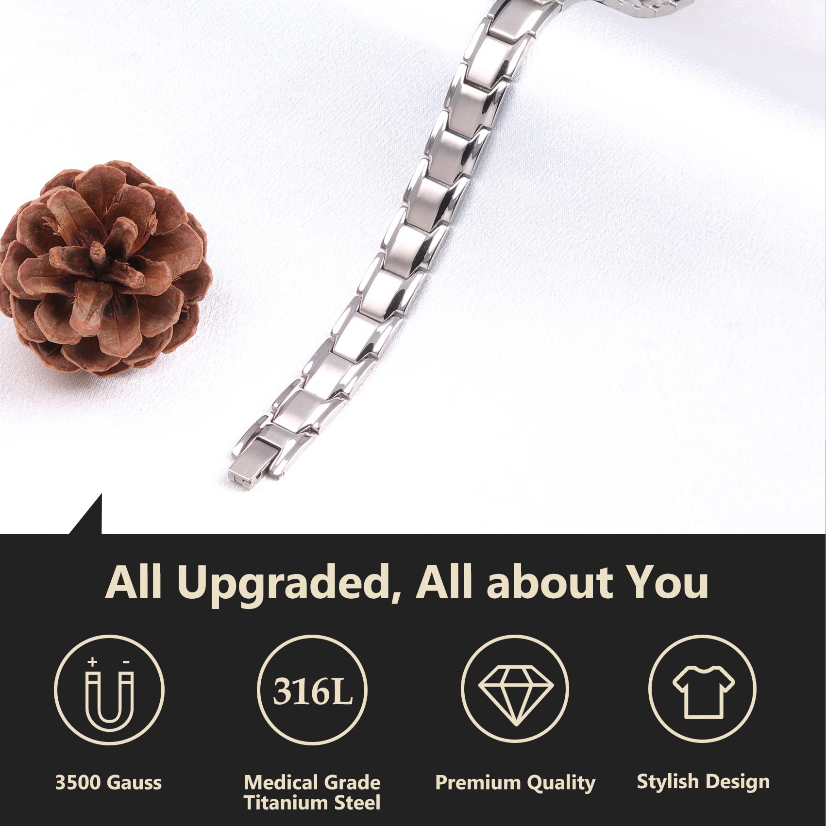 Feraco pulsera de titanio-acero, acabado mate plateado y duradero