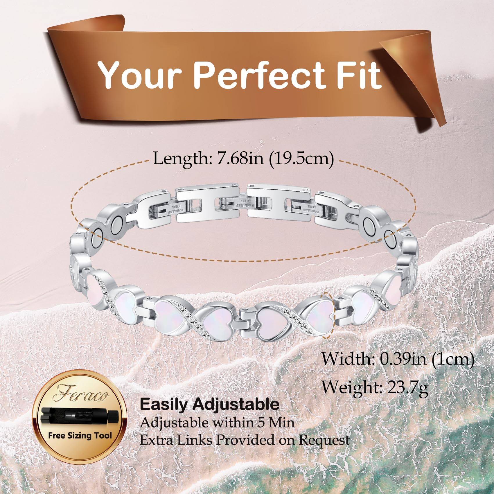 Feraco pulsera magnética usa materiales hipoalergénicos y resistente al agua.